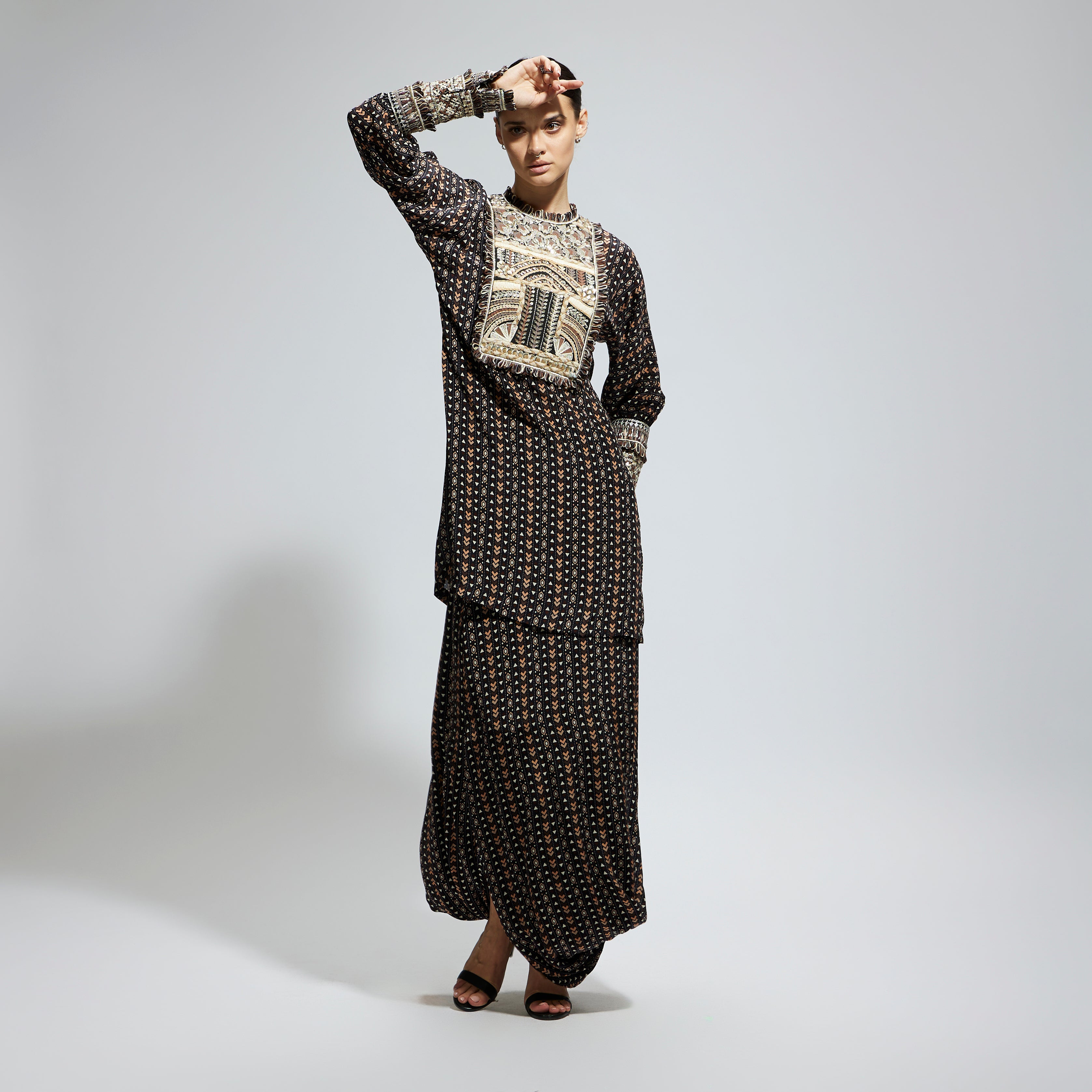 BLACK BOHO PRINTED YOKE EMBROIDERED KURTA WITH DRAPE SKIRT