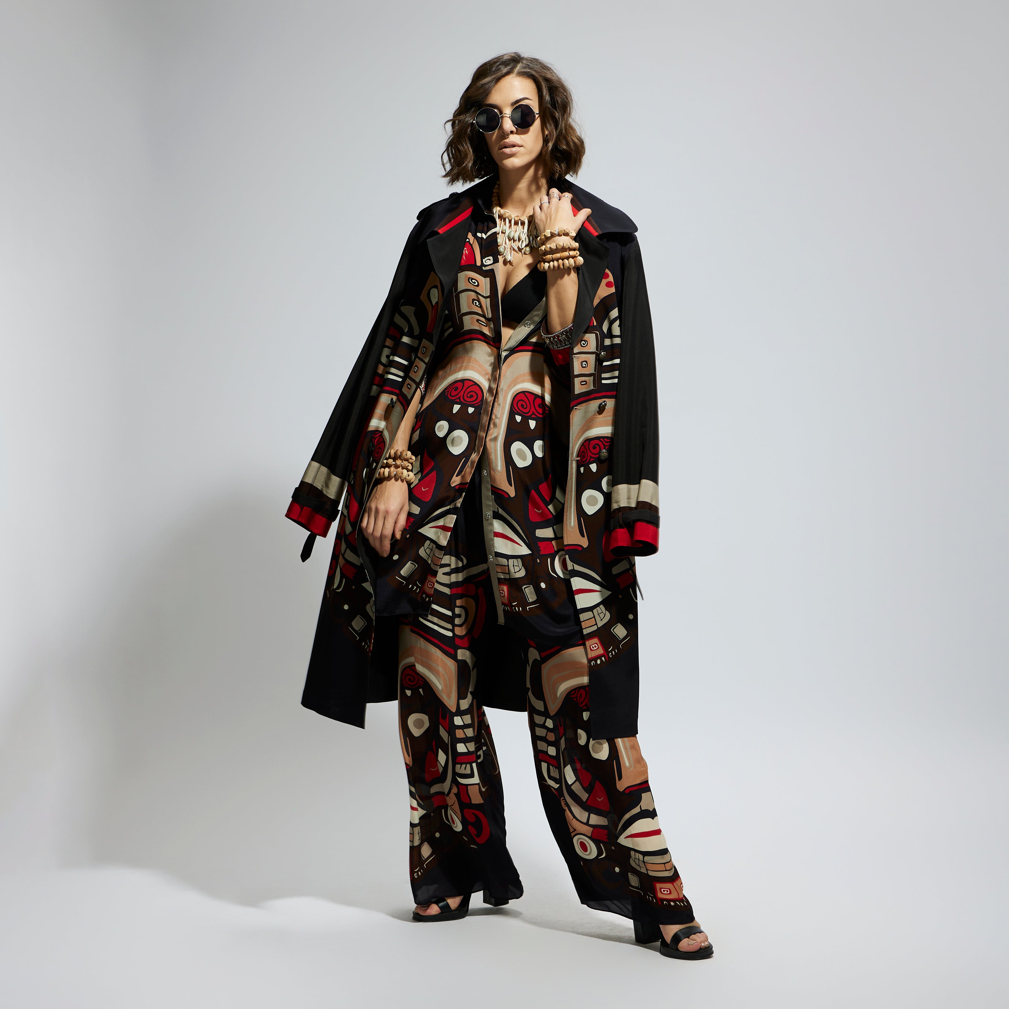 BLACK MASK PRINT TRENCH COAT