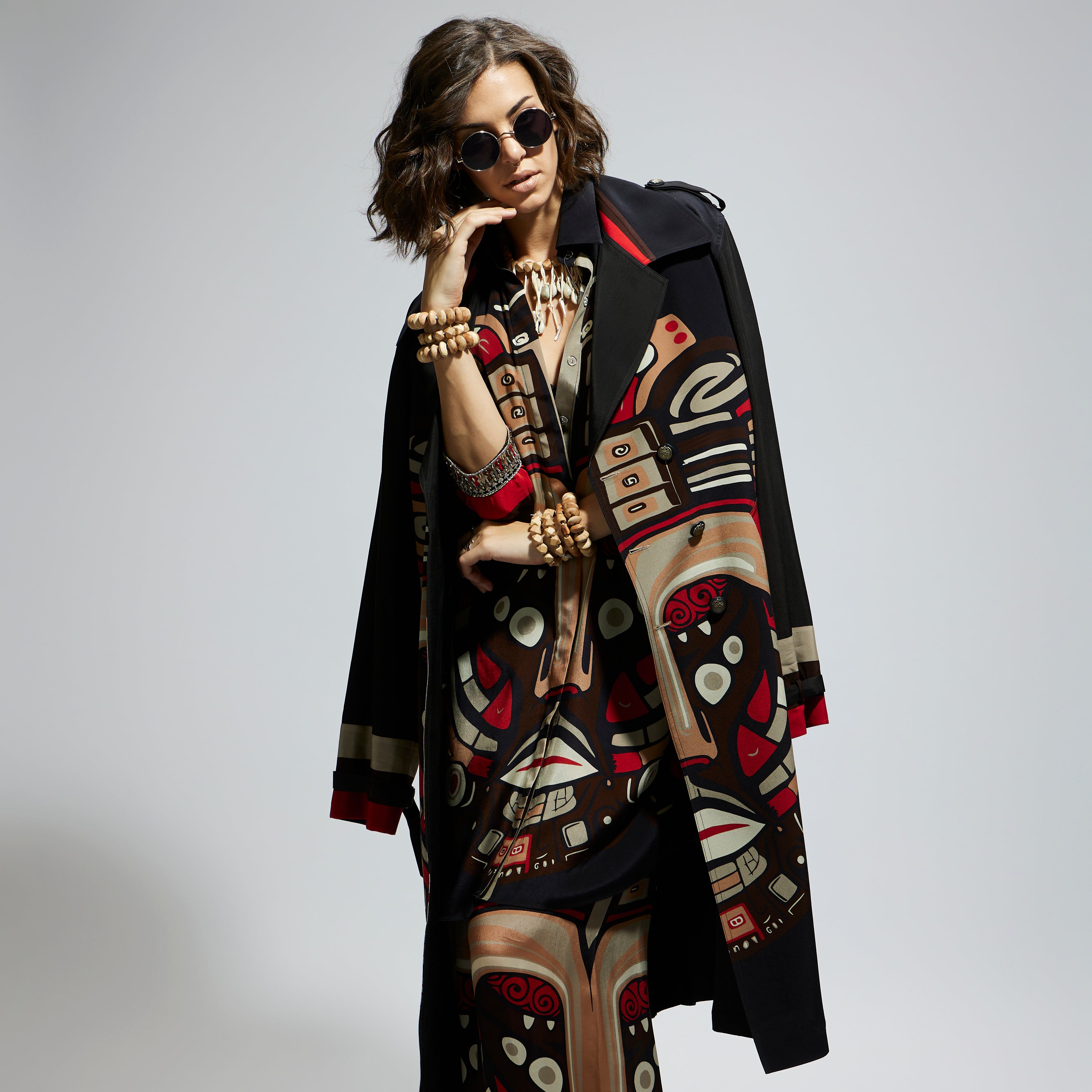 BLACK MASK PRINT TRENCH COAT