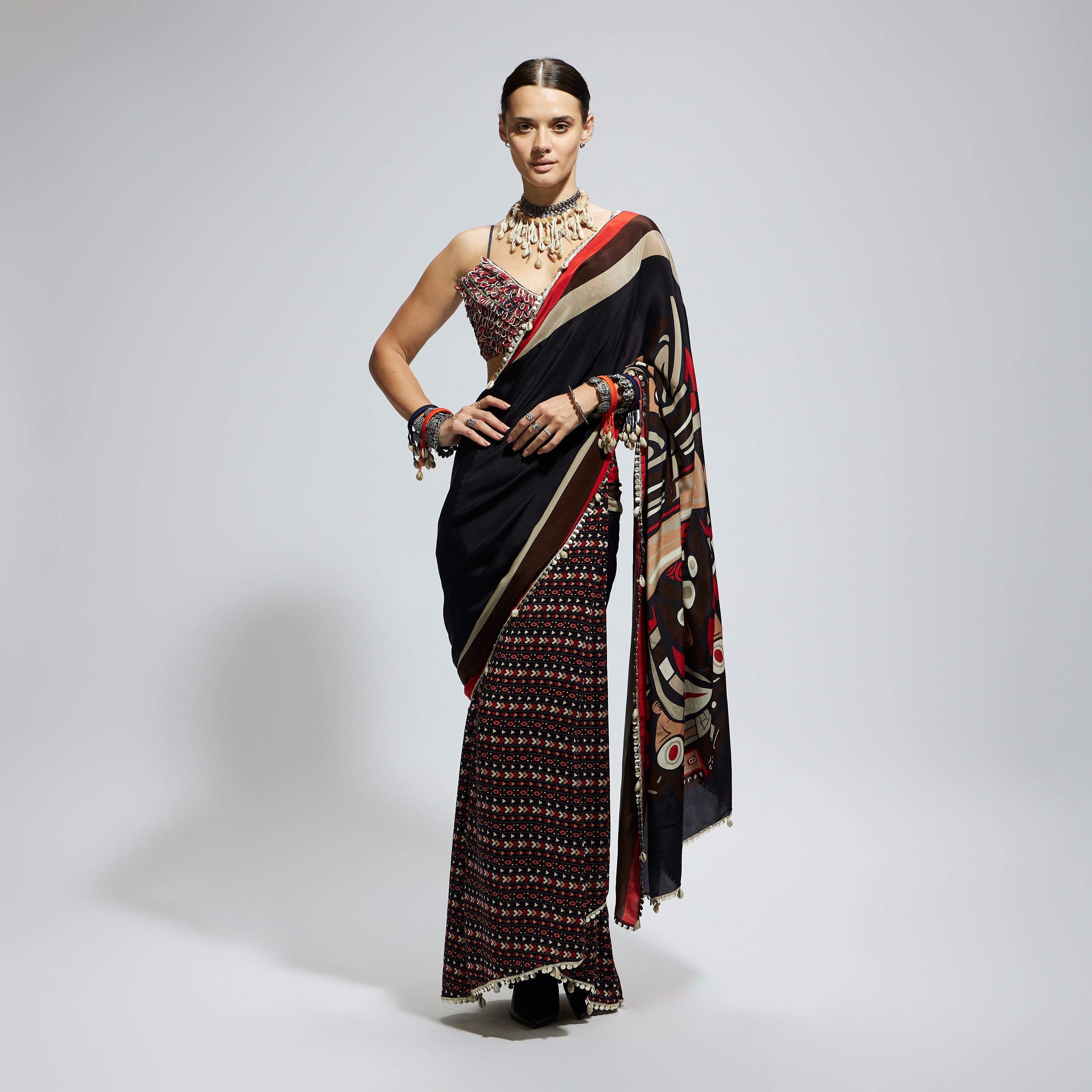 BLACK MASK PRINT CASCADE SAREE WITH METALLIC BUSTIER