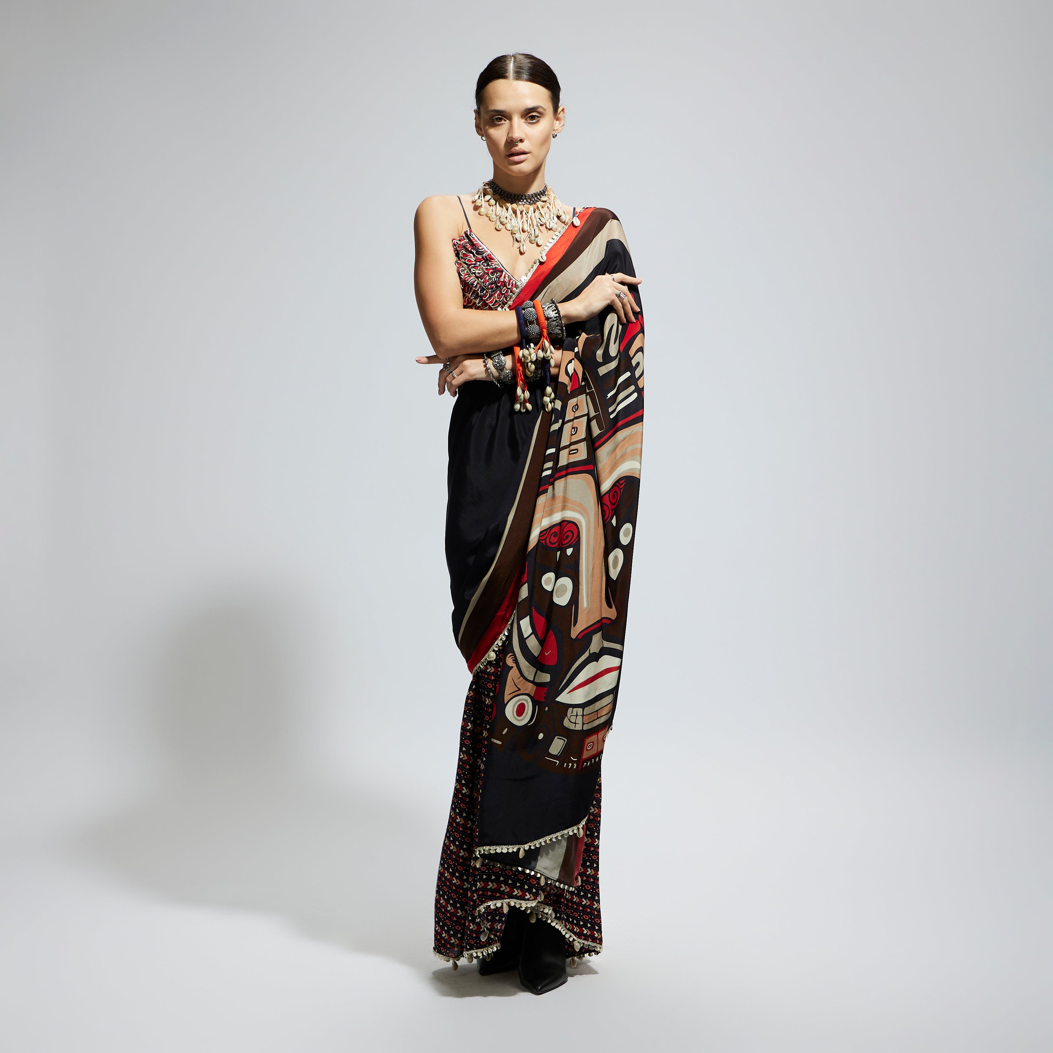 BLACK MASK PRINT CASCADE SAREE WITH METALLIC BUSTIER