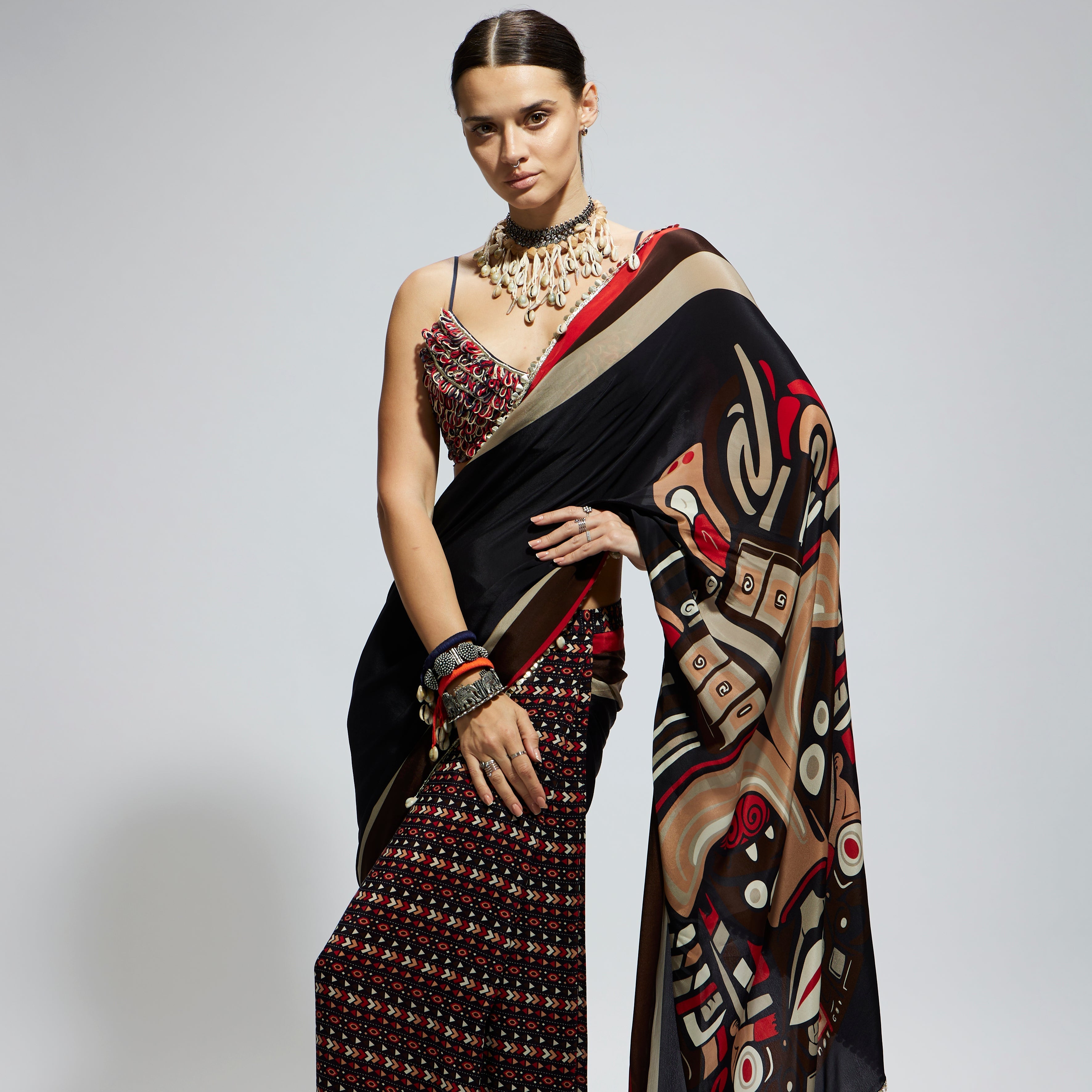 BLACK MASK PRINT CASCADE SAREE WITH METALLIC BUSTIER