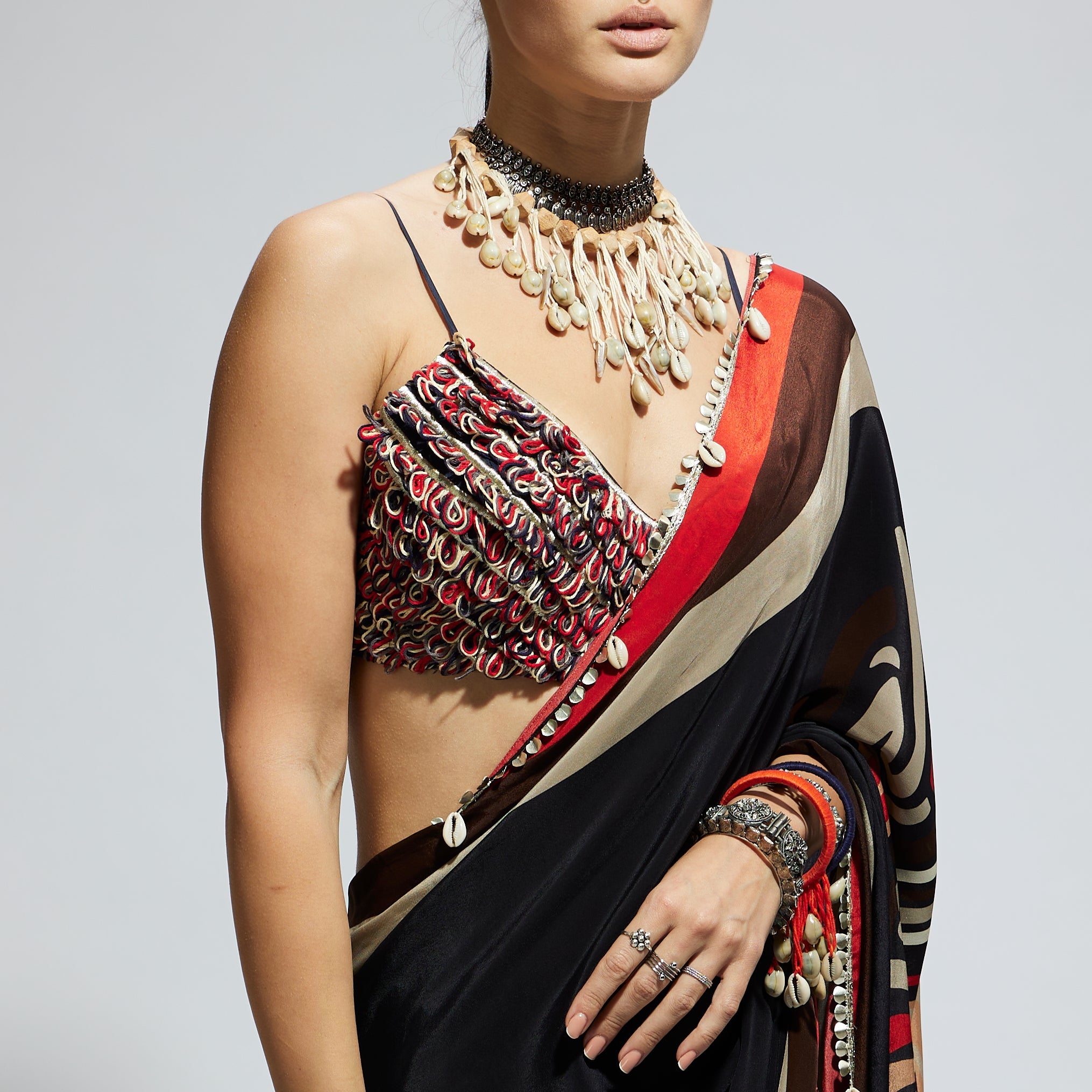 BLACK MASK PRINT CASCADE SAREE WITH METALLIC BUSTIER