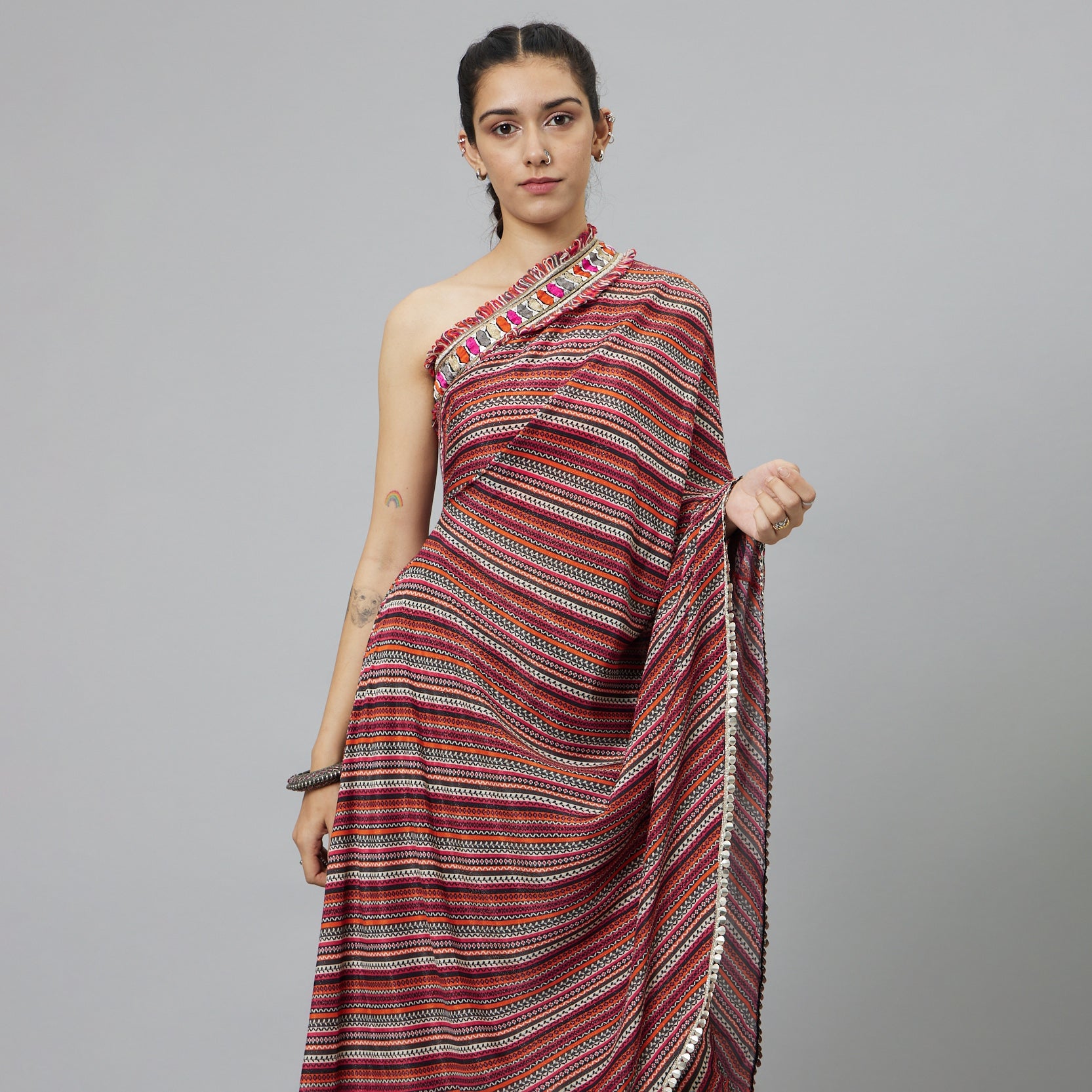 BOHEMIAN STRIPE PRINT ONE SHOULDER SAREE WITH PANTS