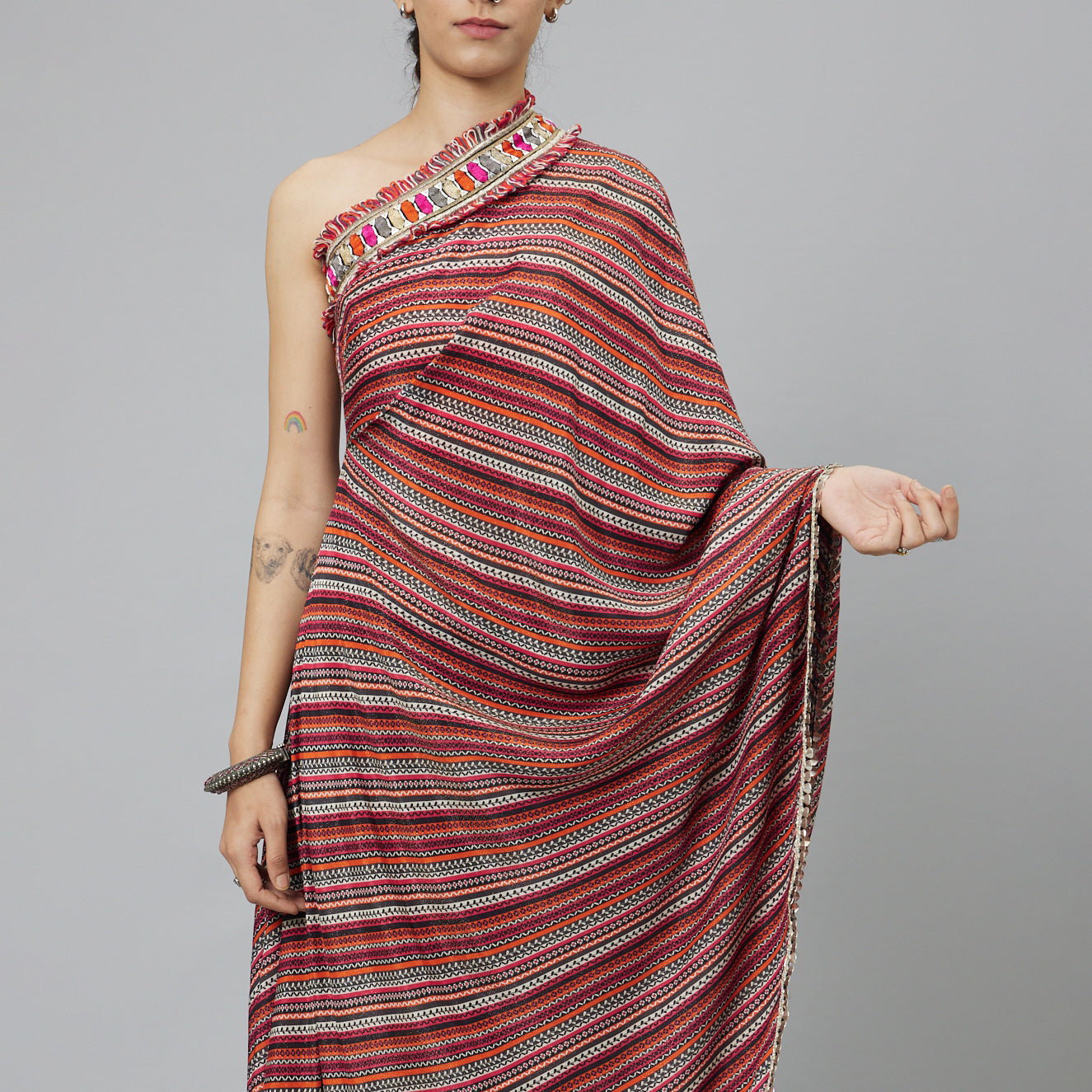 BOHEMIAN STRIPE PRINT ONE SHOULDER SAREE WITH PANTS