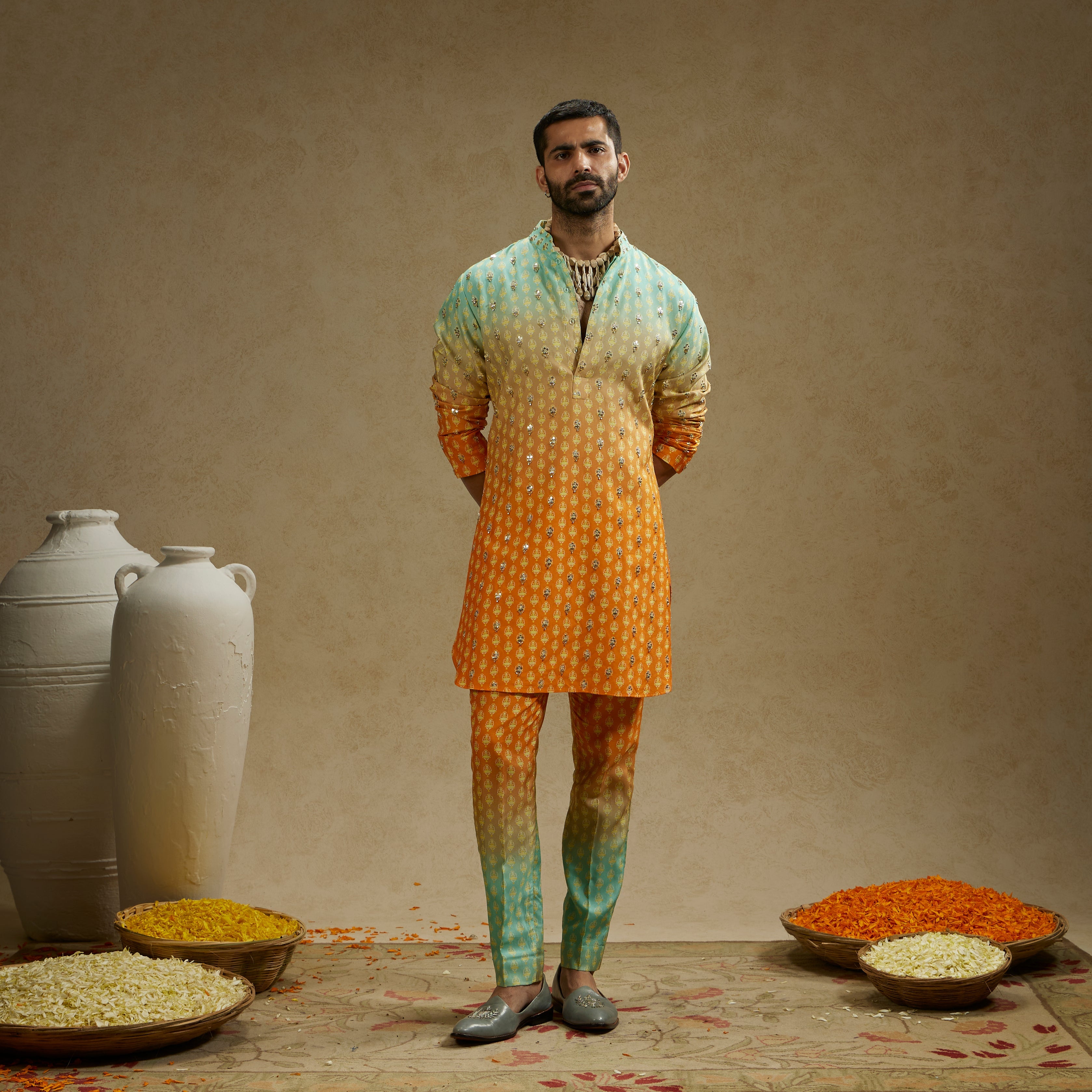 MEHEK: Blue Orange Ombre Print Highlighted Kurta Set