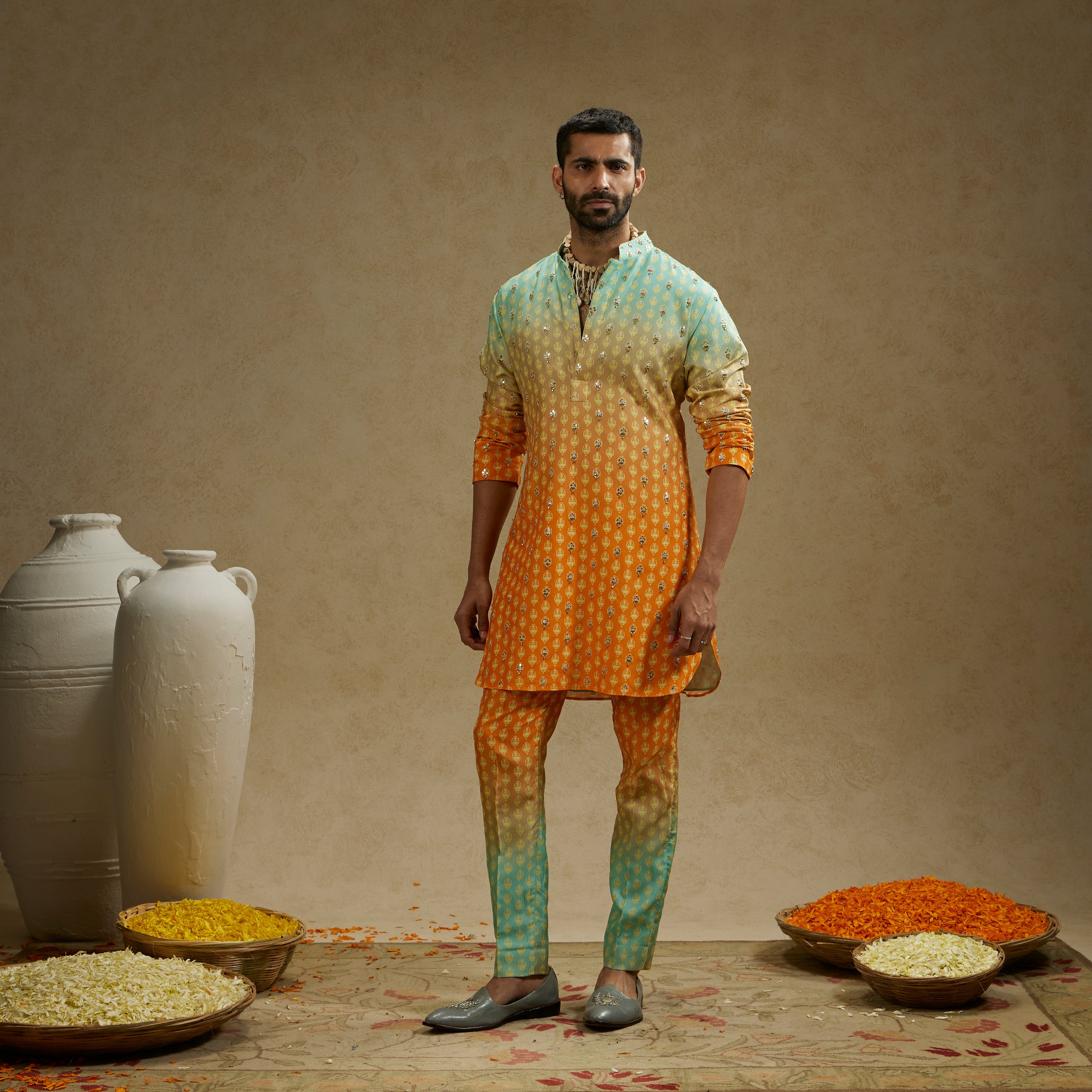 MEHEK: Blue Orange Ombre Print Highlighted Kurta Set