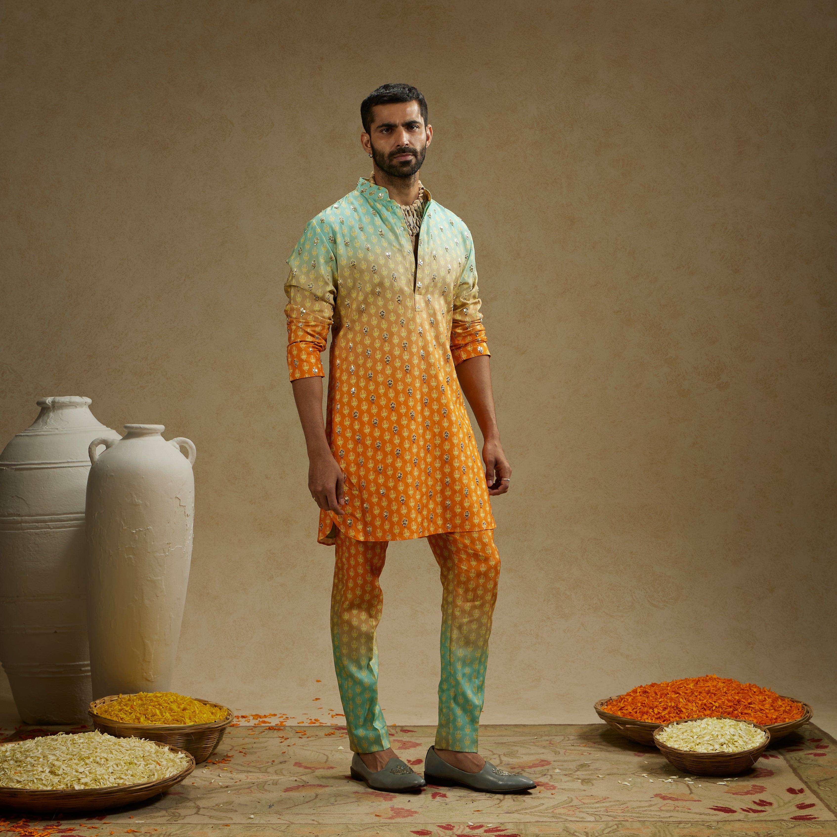 MEHEK: Blue Orange Ombre Print Highlighted Kurta Set