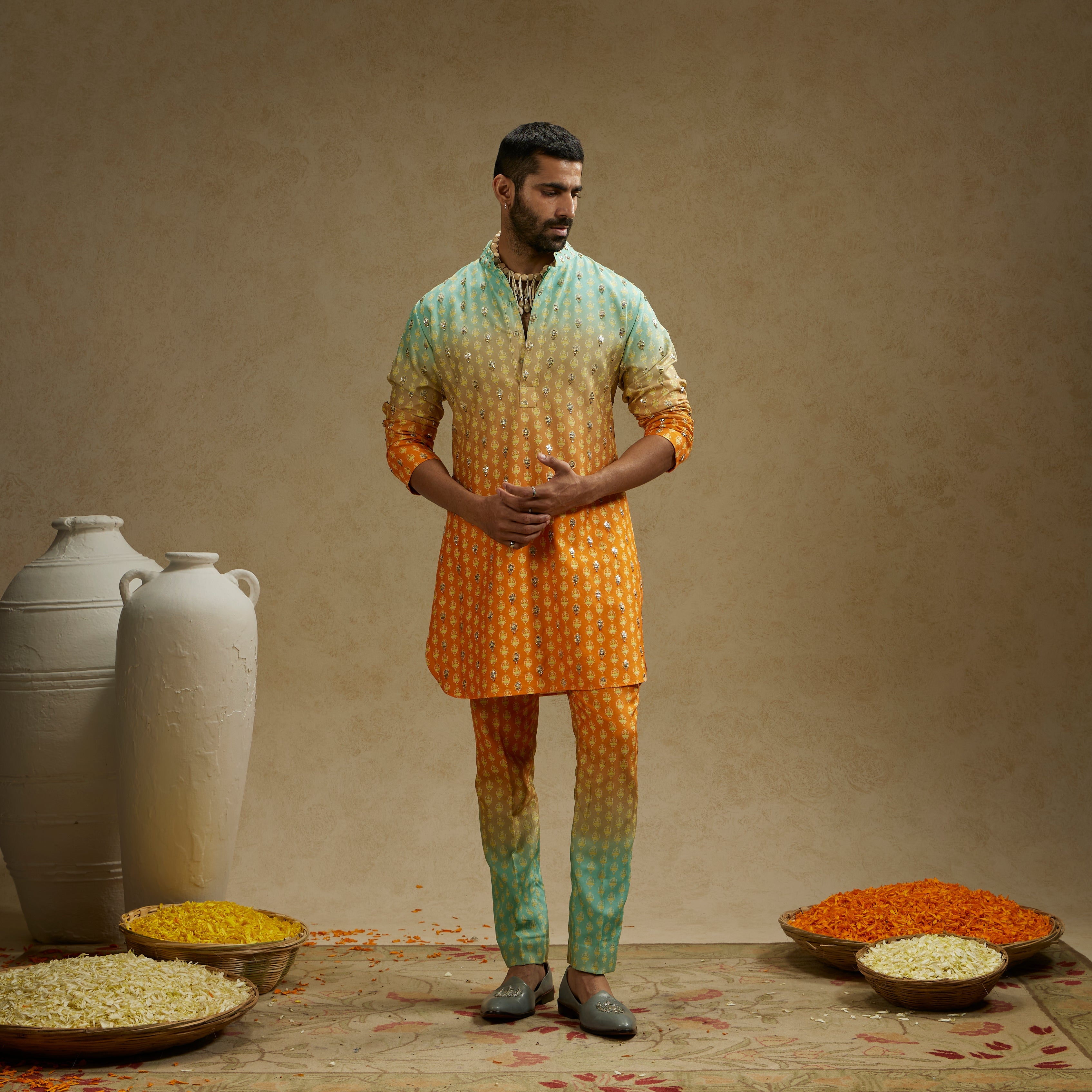 MEHEK: Blue Orange Ombre Print Highlighted Kurta Set