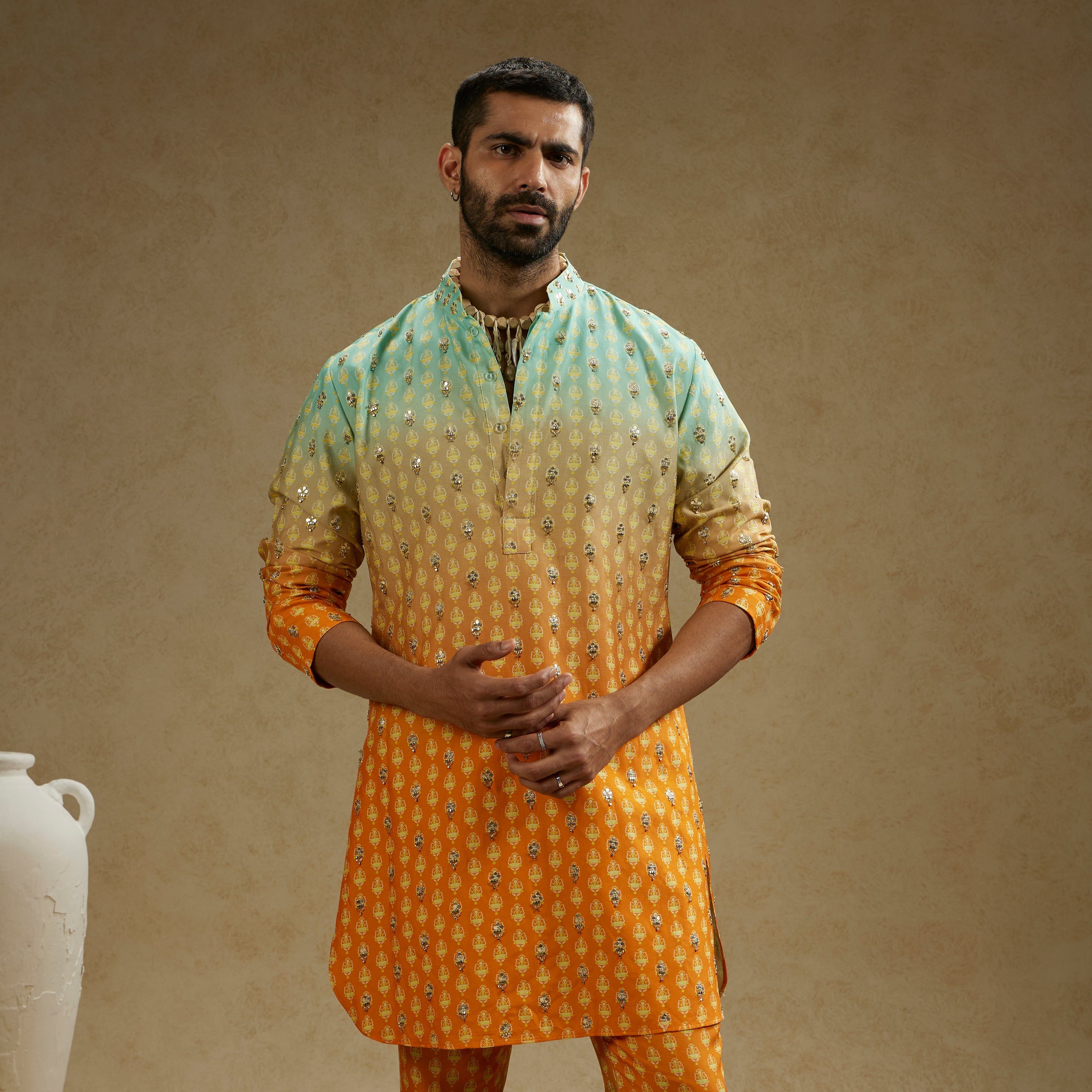 MEHEK: Blue Orange Ombre Print Highlighted Kurta Set