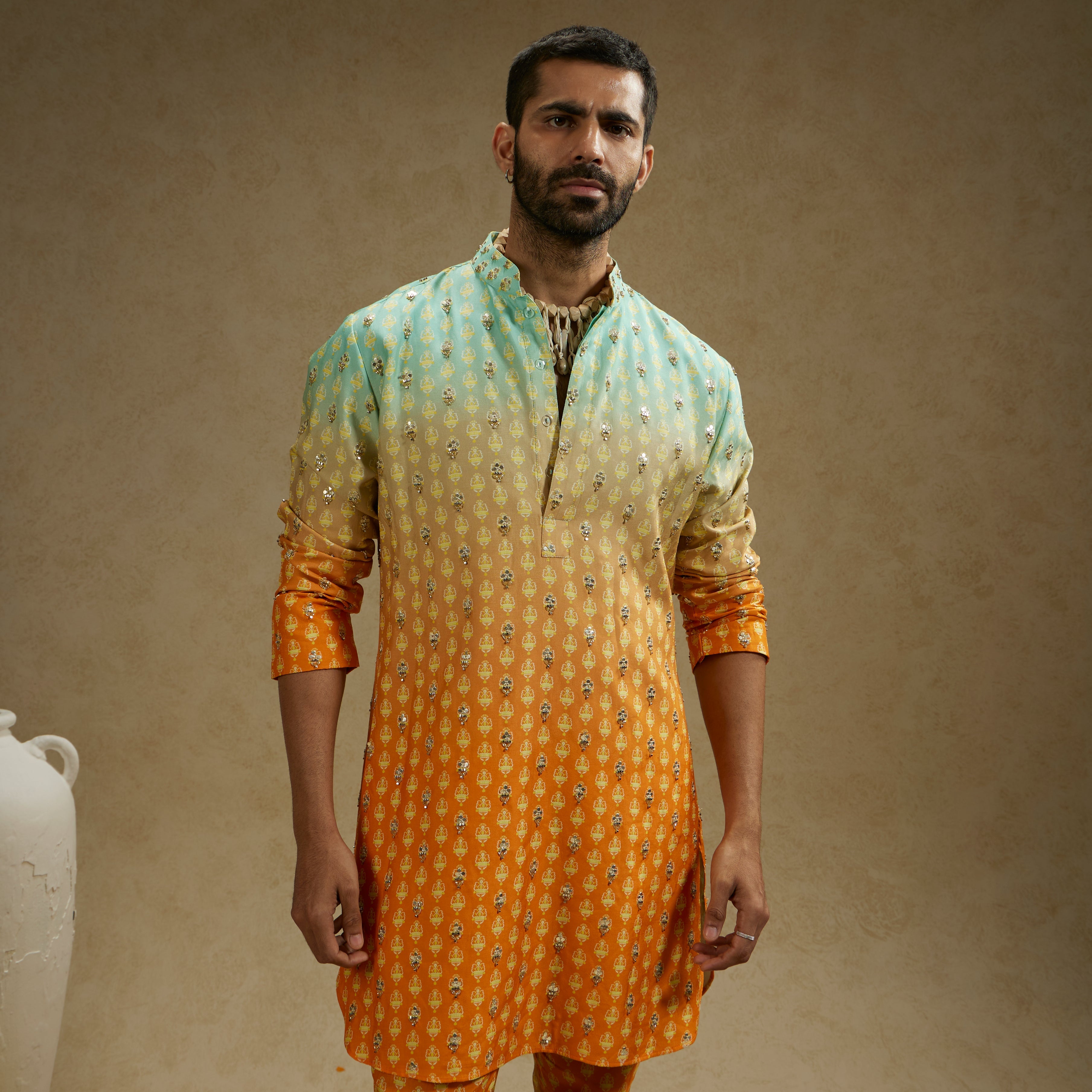 MEHEK: Blue Orange Ombre Print Highlighted Kurta Set