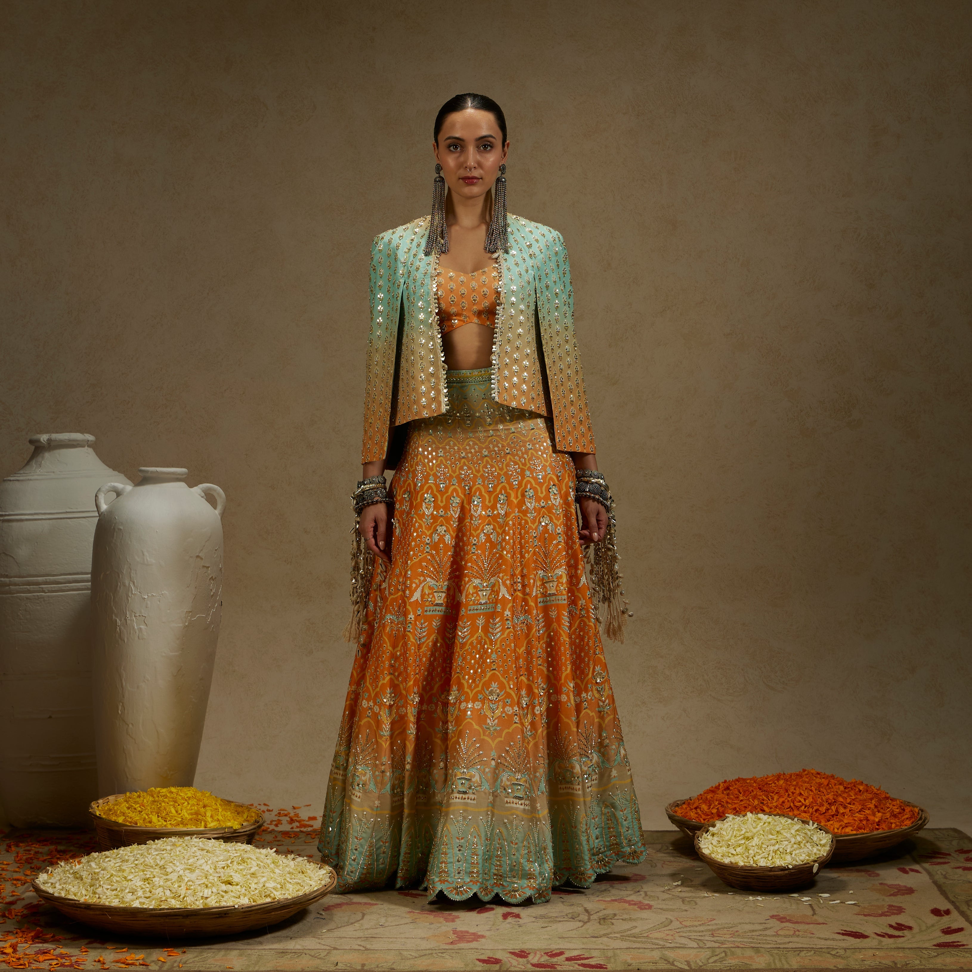 ORANGE BLUE EMBELLISHED NOOR JACKET PAIRED WITH EMBELLISHED BUSTIER AND OMBRE EMBELLISHED LEHENGA