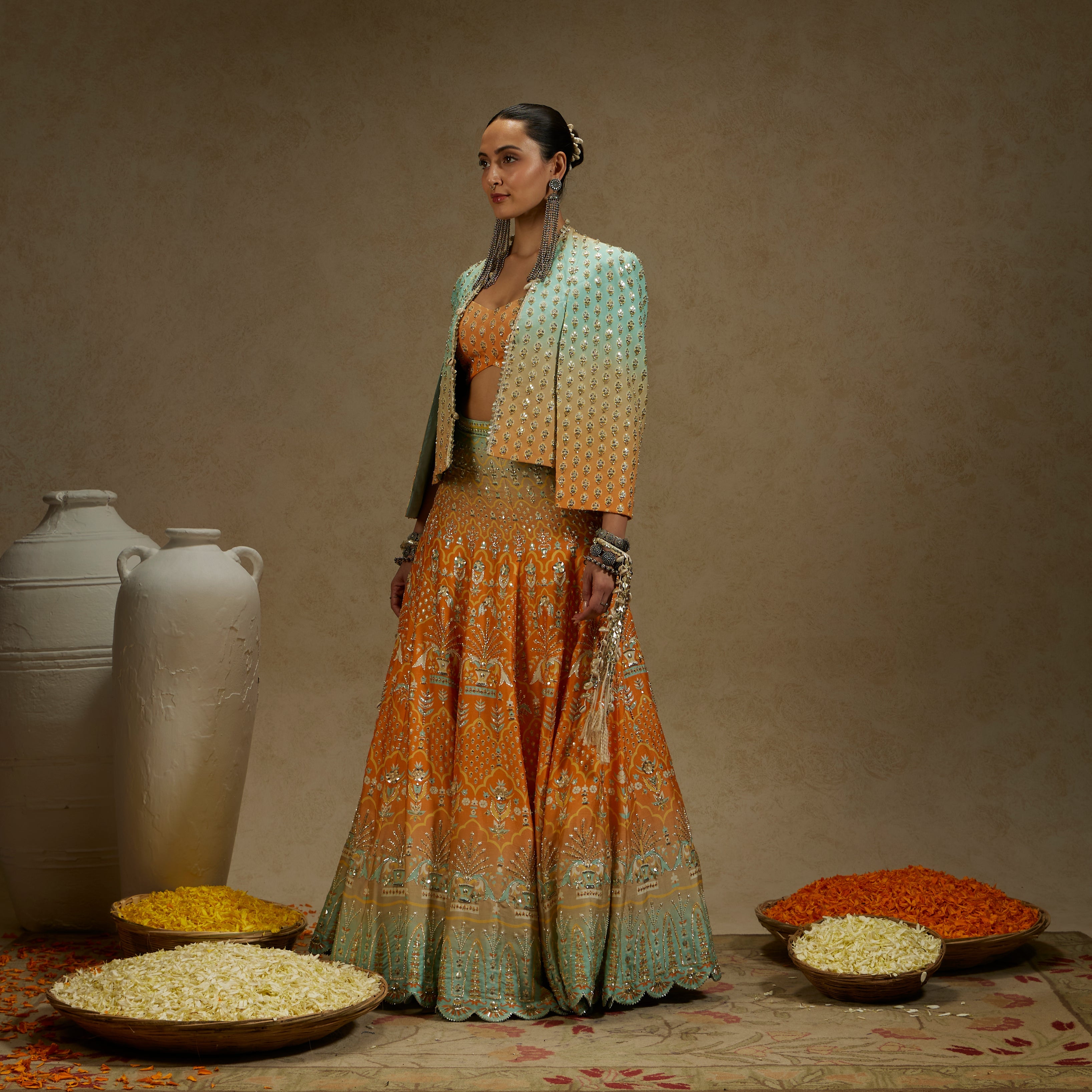 ORANGE BLUE EMBELLISHED NOOR JACKET PAIRED WITH EMBELLISHED BUSTIER AND OMBRE EMBELLISHED LEHENGA