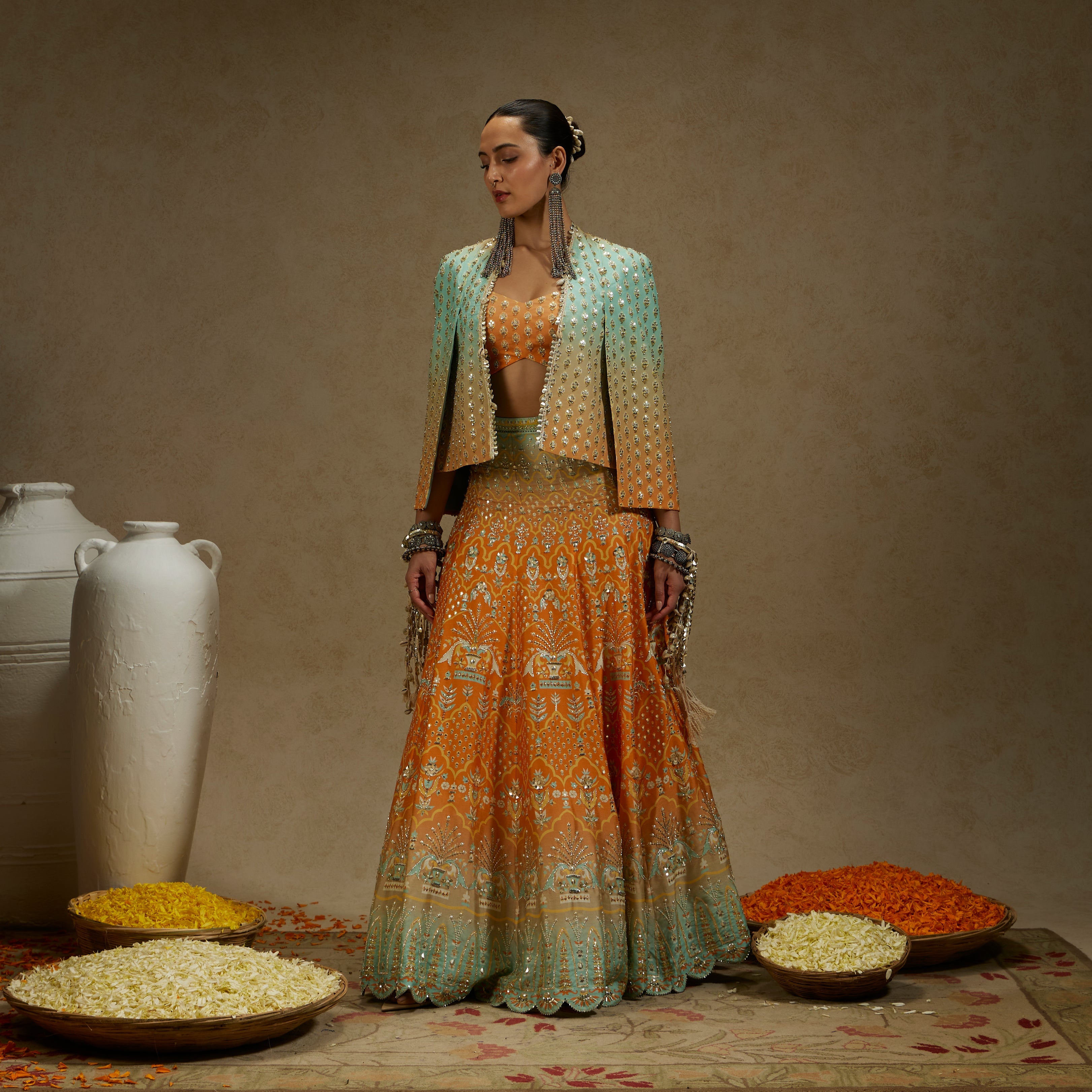 ORANGE BLUE EMBELLISHED NOOR JACKET PAIRED WITH EMBELLISHED BUSTIER AND OMBRE EMBELLISHED LEHENGA