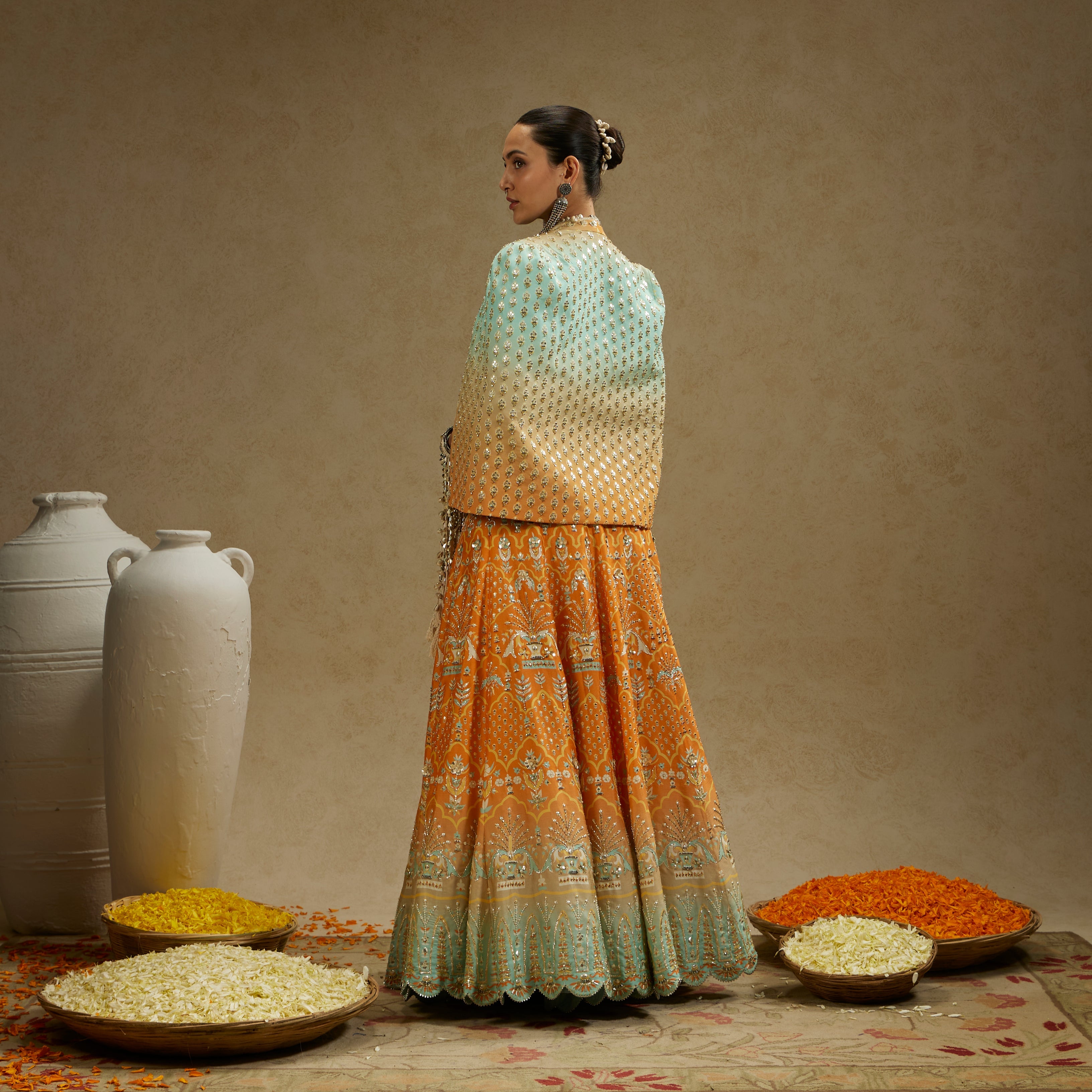 ORANGE BLUE EMBELLISHED NOOR JACKET PAIRED WITH EMBELLISHED BUSTIER AND OMBRE EMBELLISHED LEHENGA