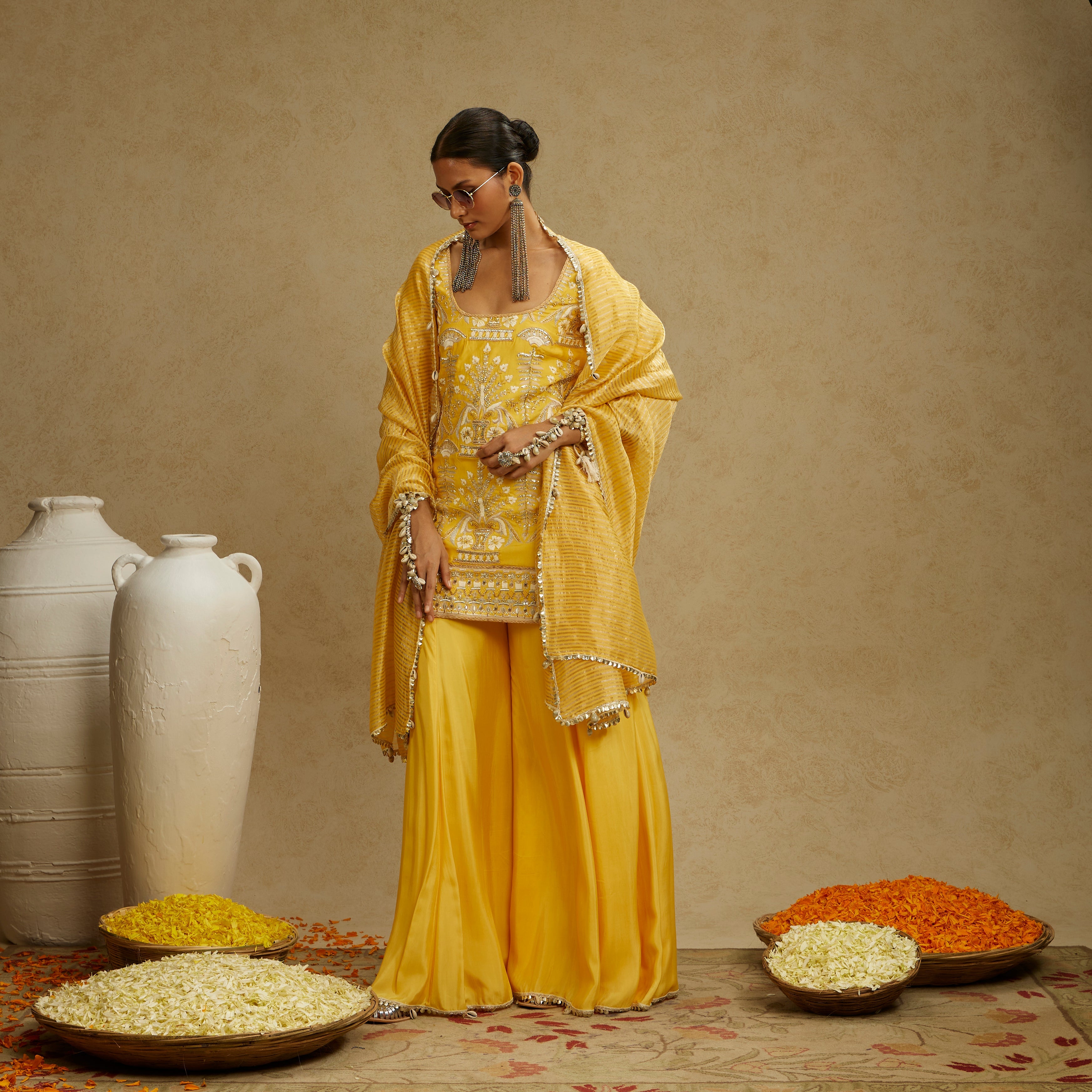 YELLOW EMBELLISHED KURTA PAIRED WITH SHARARA AND STRIPE DUPATTA