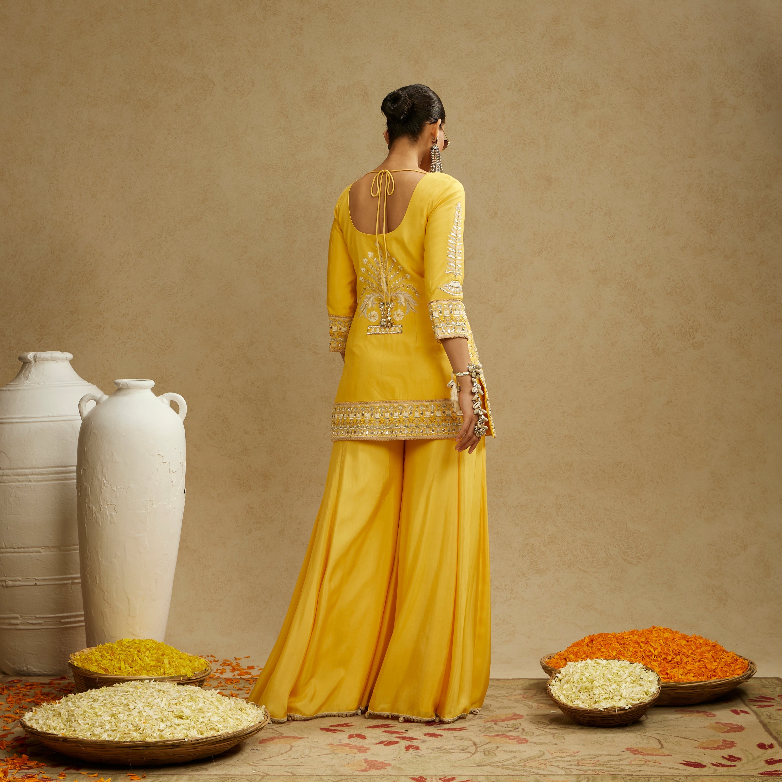 YELLOW EMBELLISHED KURTA PAIRED WITH SHARARA AND STRIPE DUPATTA