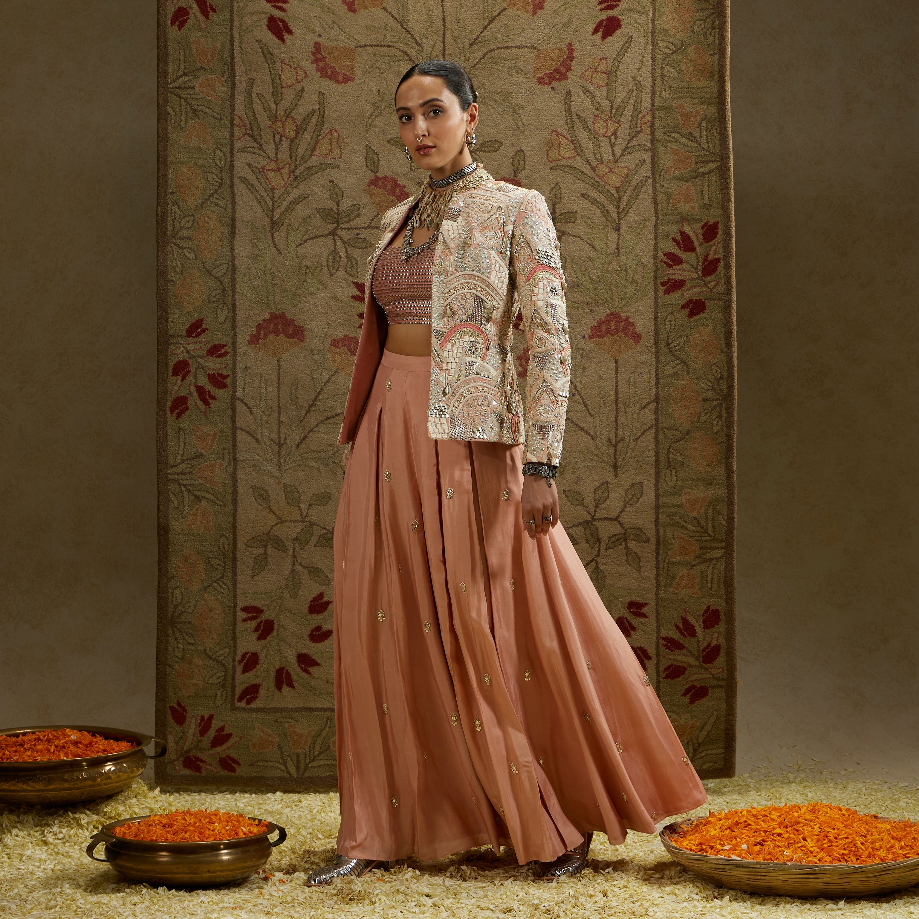 PINK EMBELLSIHED JACKET PAIRED WITH BUSTIER AND EMBELLISHED PLEATED PANTS