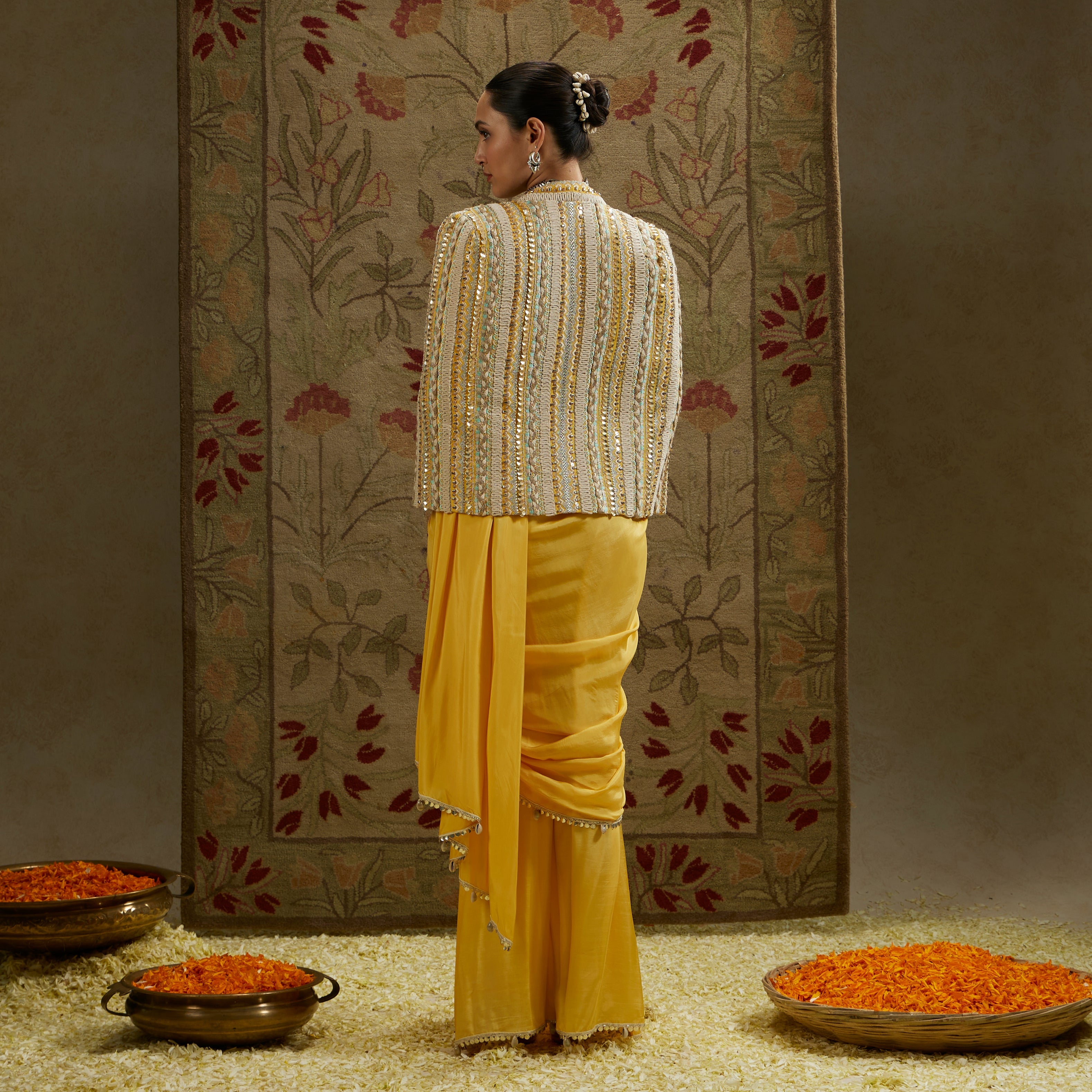 Dandelion Pre-Draped Saree Paired With Metal Embellished Bustier And Embellished Cape Jacket