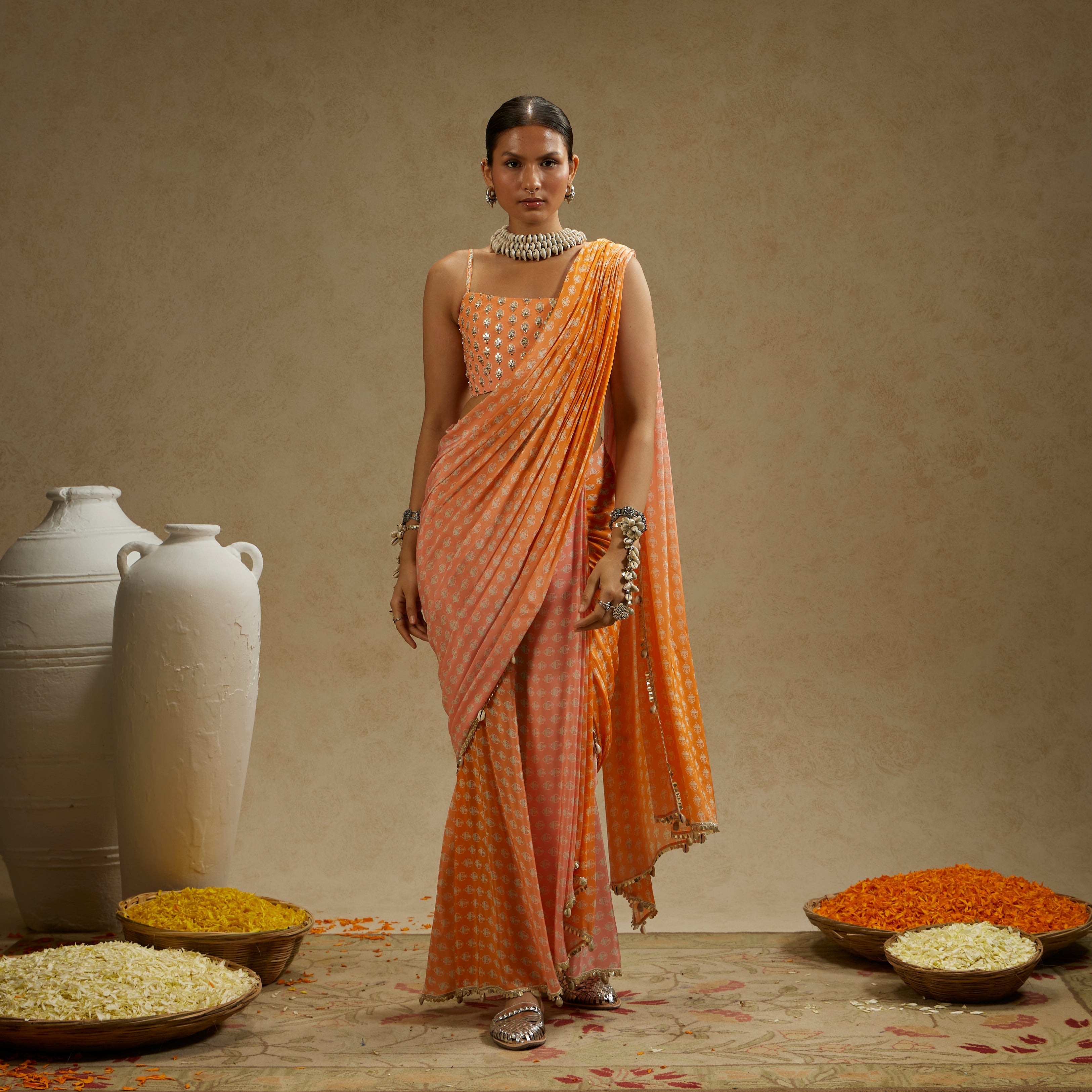 ORANGE PINK OMBRE PRINT CASCADE SAREE WITH BUSTIER