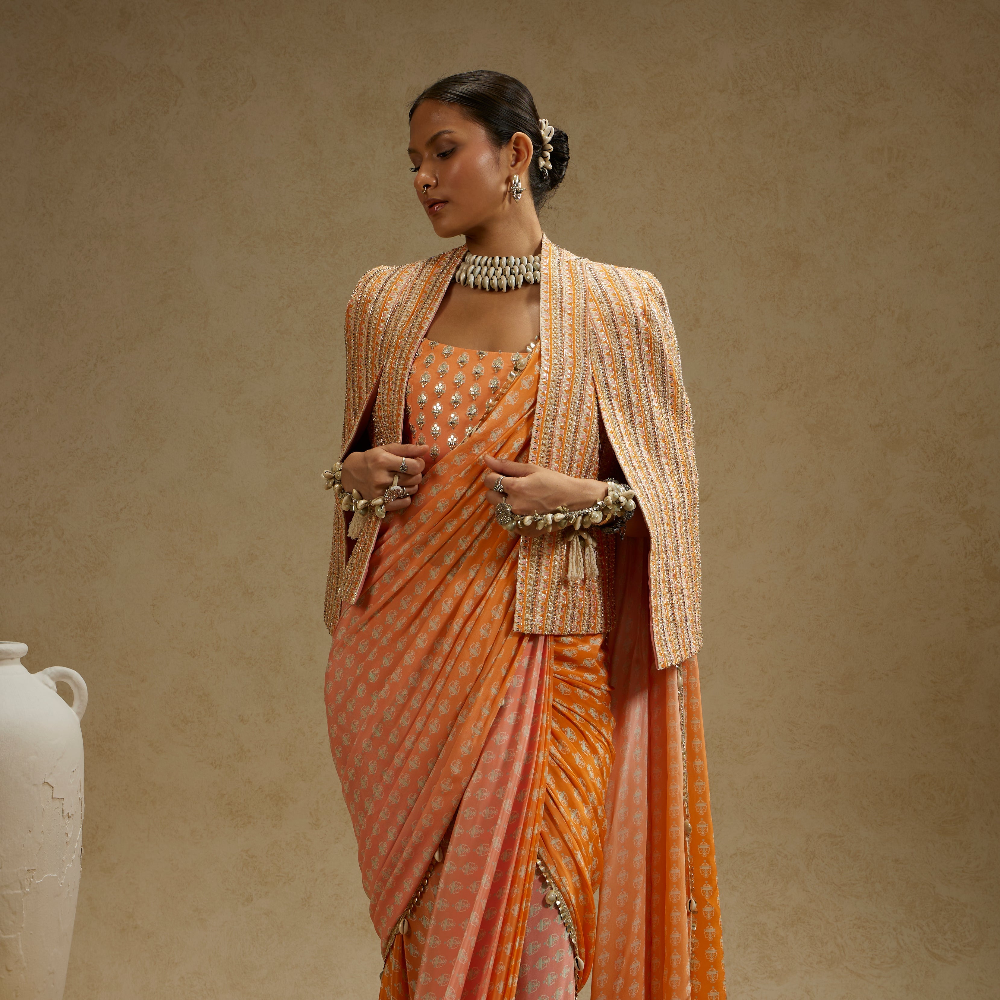 ORANGE PINK OMBRE PRINT CASCADE SAREE WITH BUSTIER & EMBELLISHED NOOR JACKET