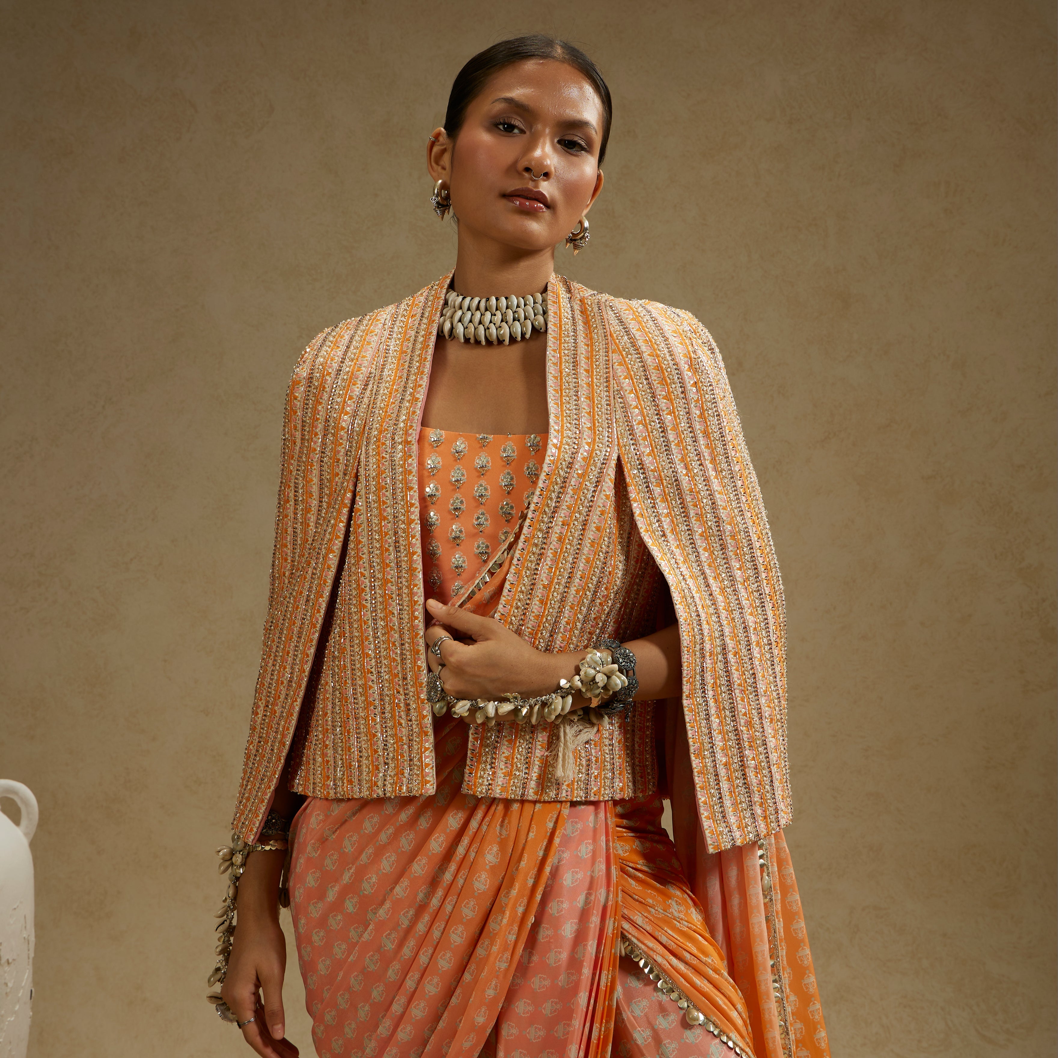 ORANGE PINK OMBRE PRINT CASCADE SAREE WITH BUSTIER & EMBELLISHED NOOR JACKET