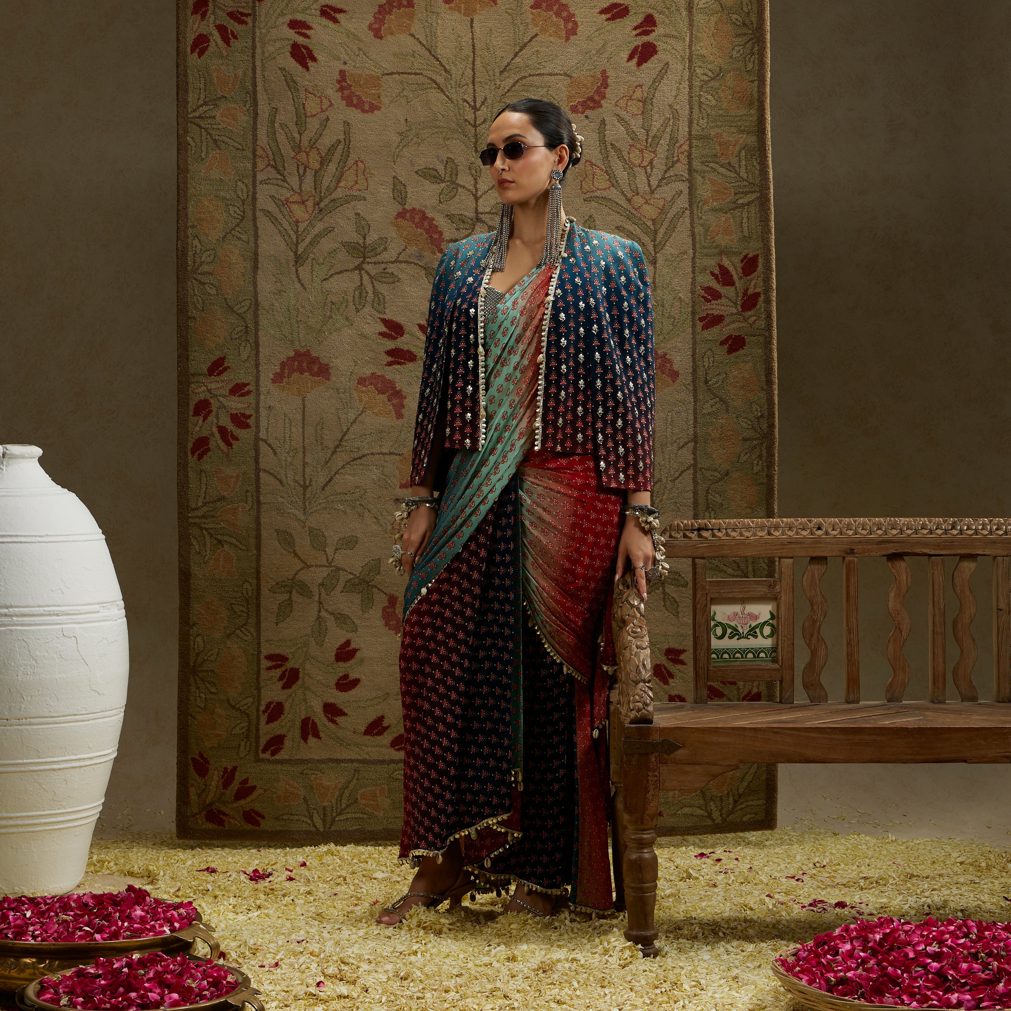 Red & Blue Ombre Print Cascade Saree With Metal Embellished Bustier Paired With Blue Ombre Embellished Cape Jacket