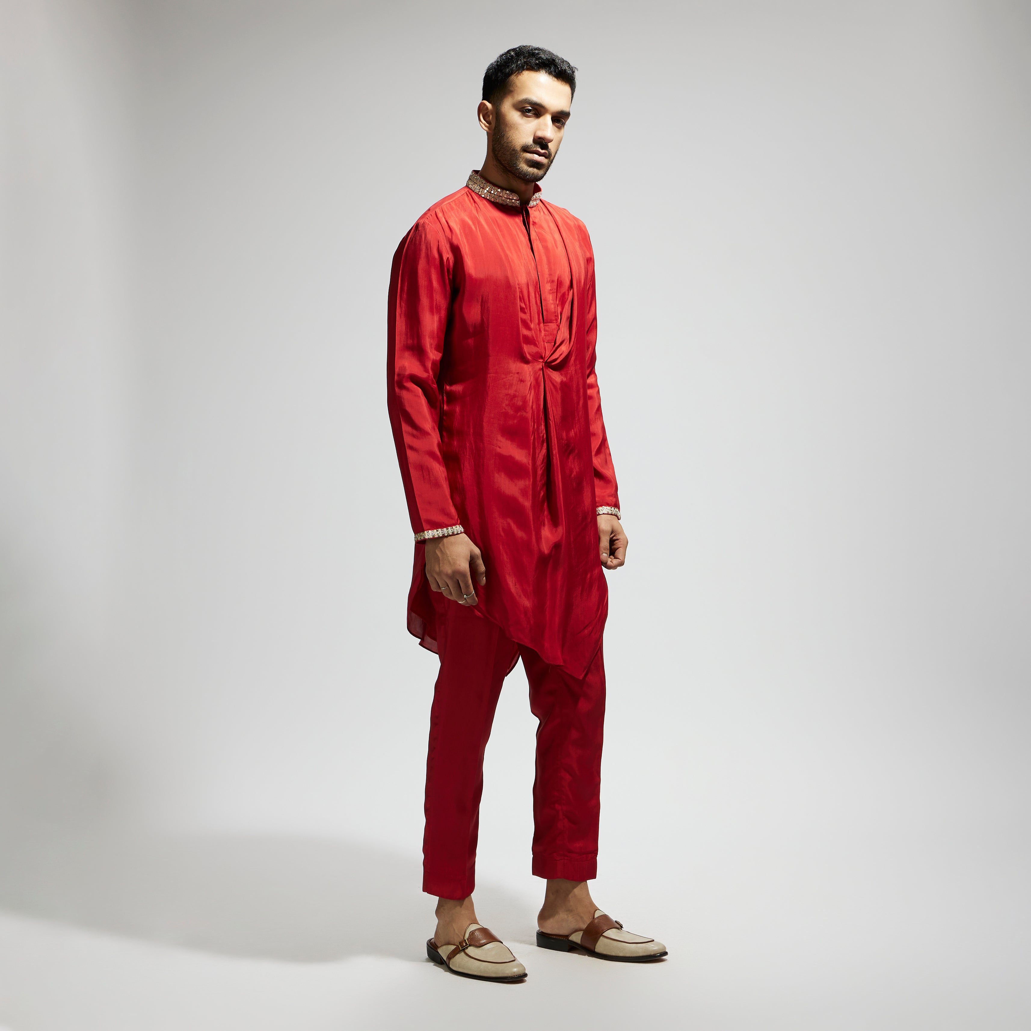 ORANGE SOLID KURTA WITH EMBELLISHED COLLAR AND PANTS