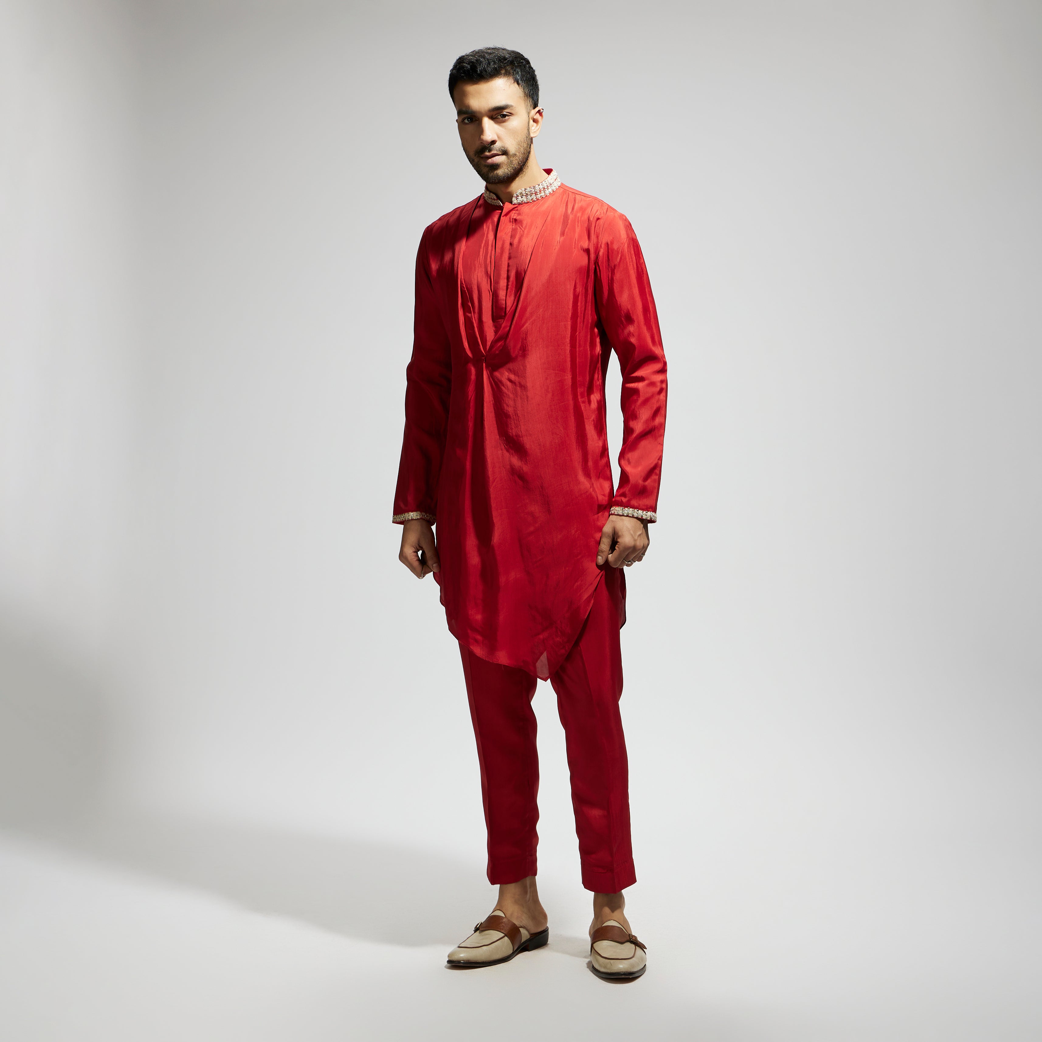 ORANGE SOLID KURTA WITH EMBELLISHED COLLAR AND PANTS