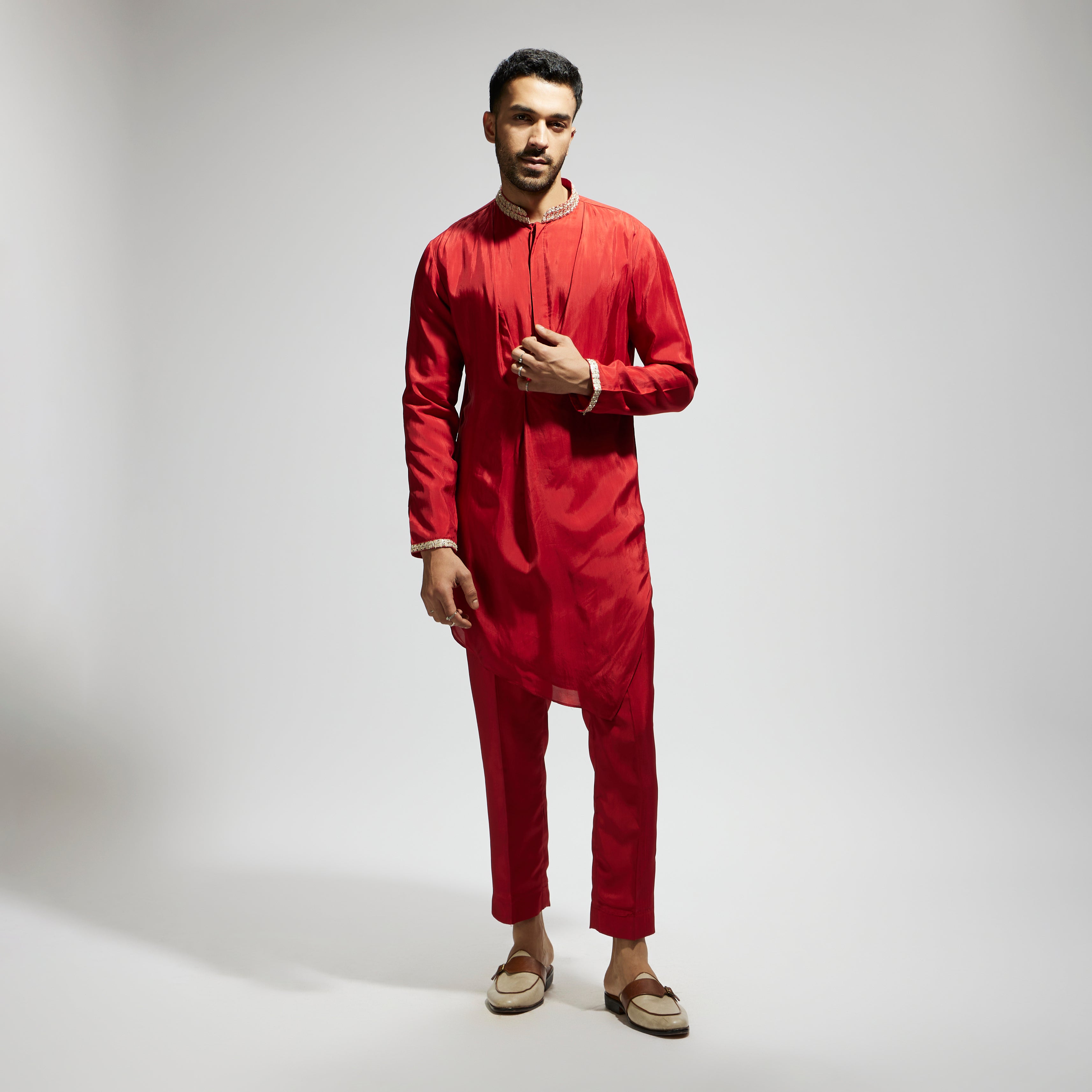 ORANGE SOLID KURTA WITH EMBELLISHED COLLAR AND PANTS