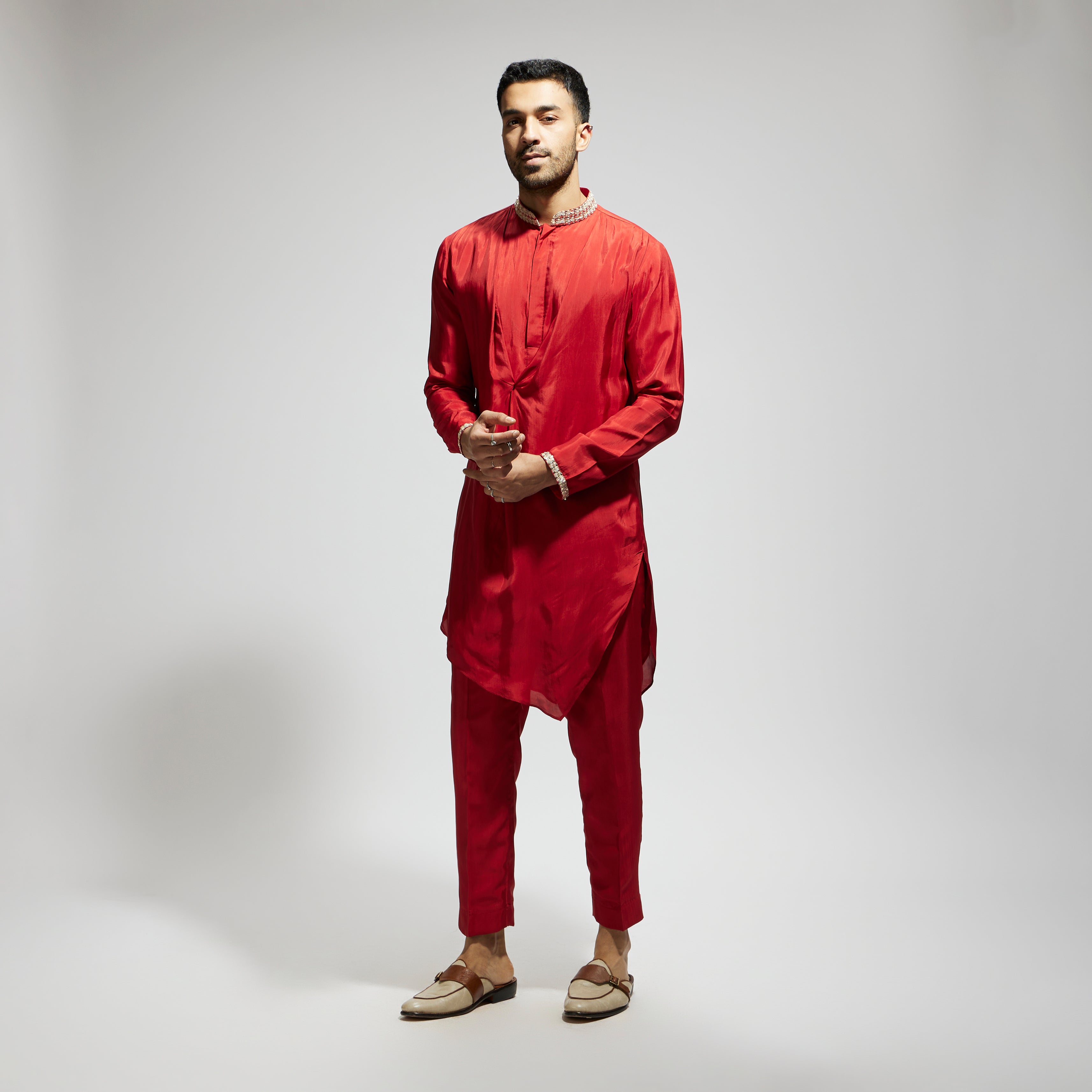 ORANGE SOLID KURTA WITH EMBELLISHED COLLAR AND PANTS