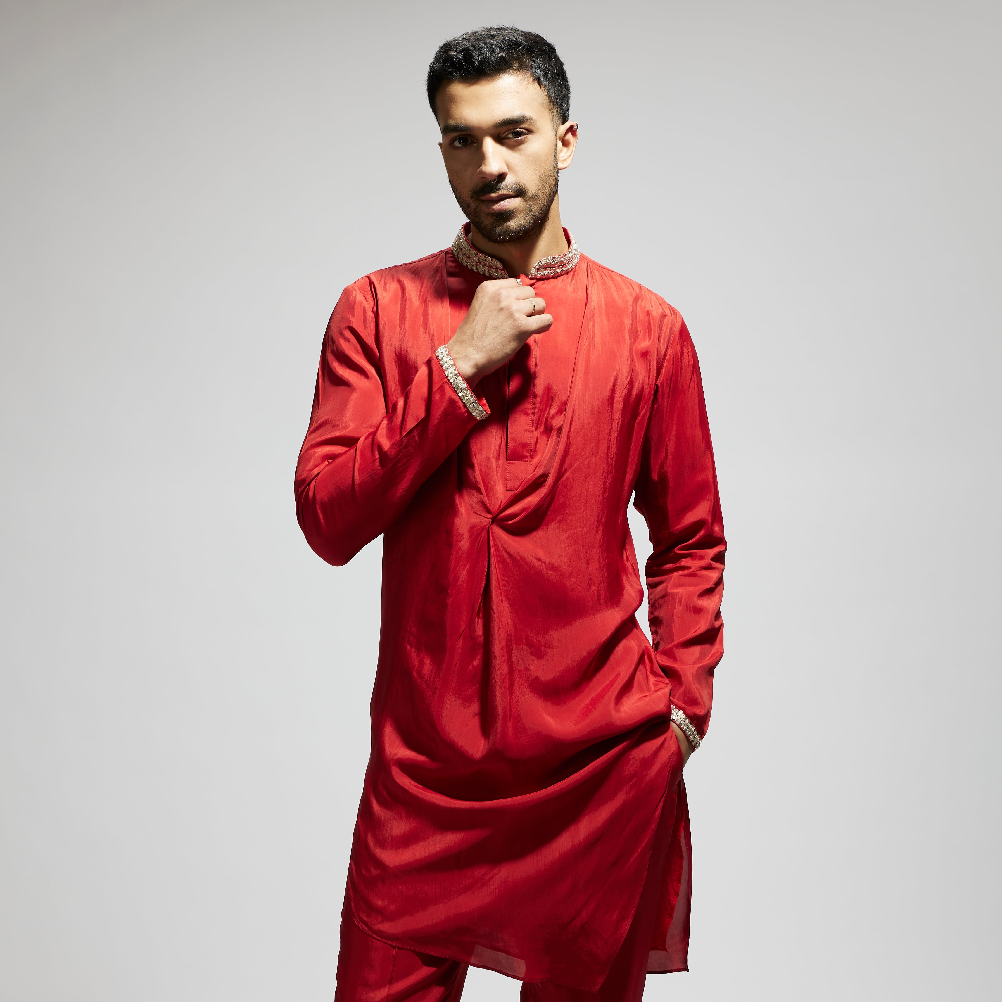 ORANGE SOLID KURTA WITH EMBELLISHED COLLAR AND PANTS