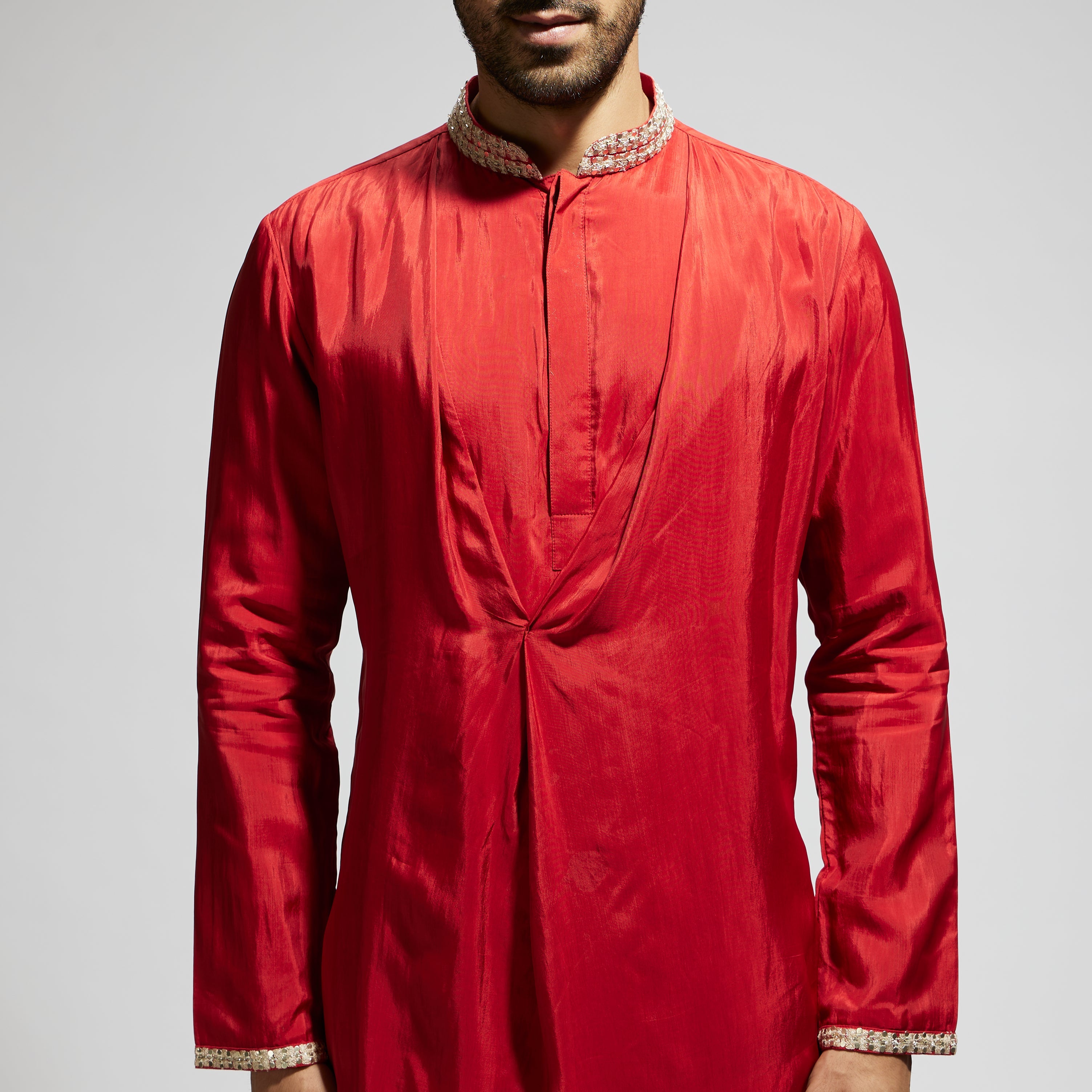 ORANGE SOLID KURTA WITH EMBELLISHED COLLAR AND PANTS