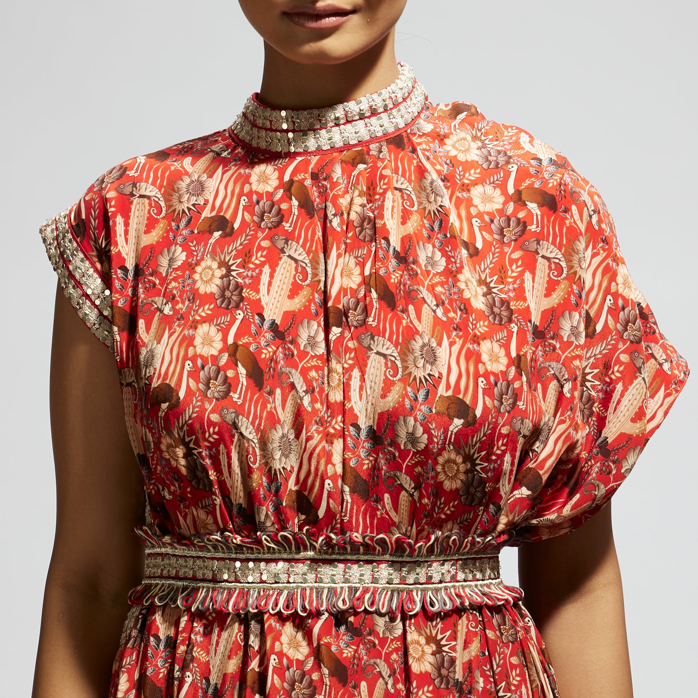 ORANGE JAAL PRINTED COWL DRESS TEAMED WITH A BELT