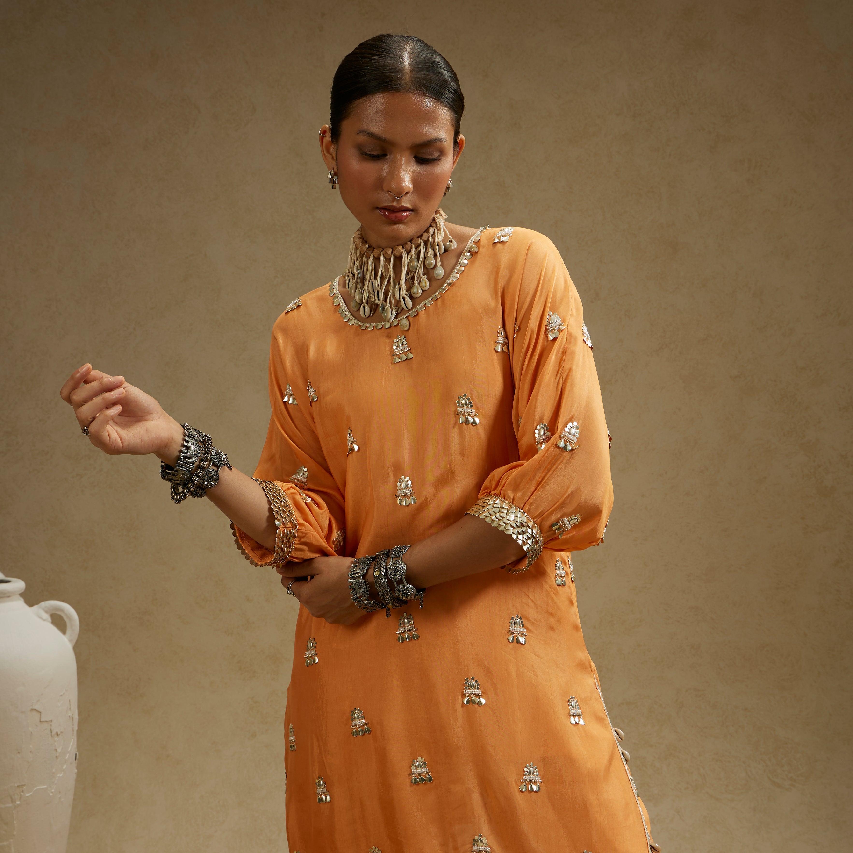 ORANGE EMBELLISHED TUNIC SET