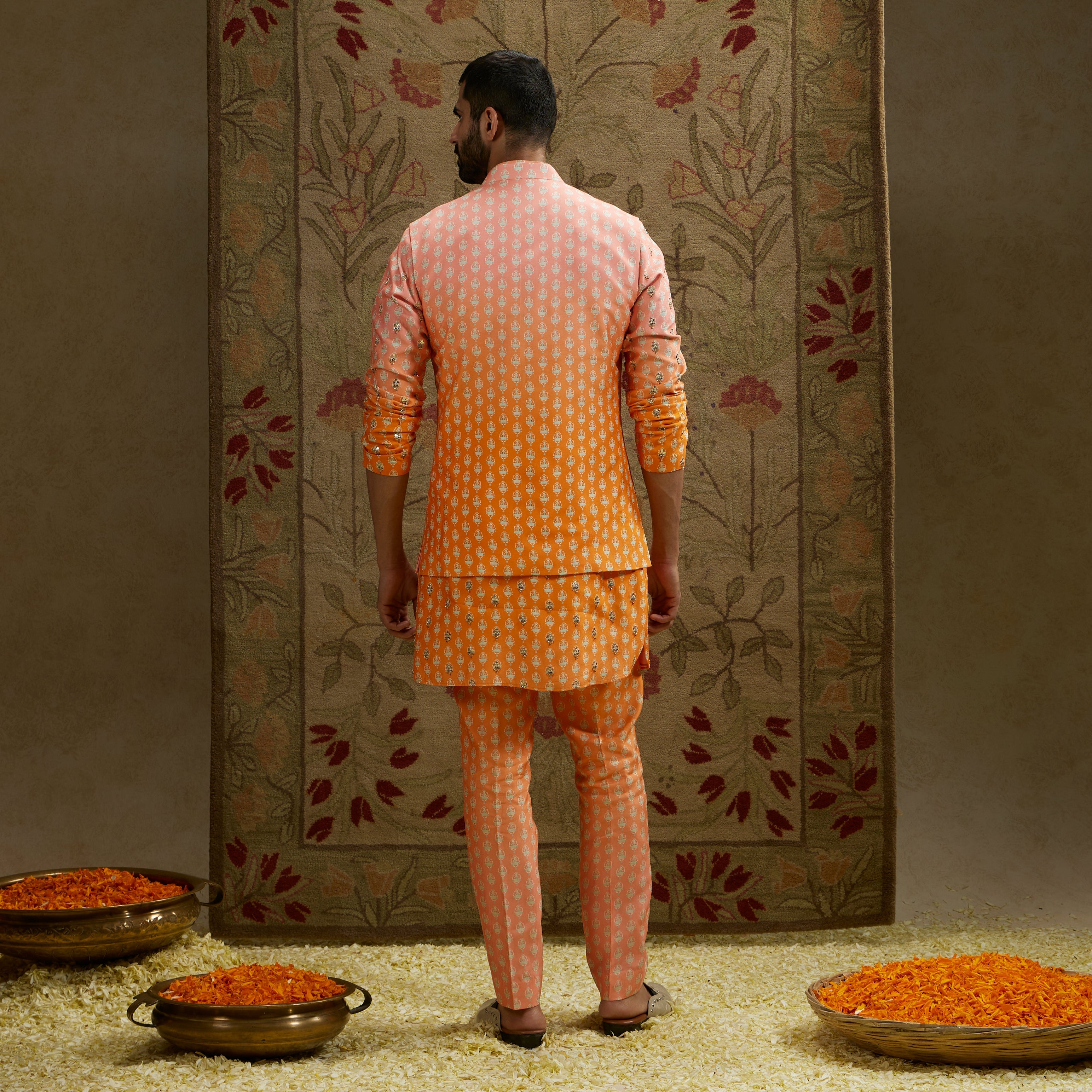 ORANGE PINK OMBRE BUTTI PRINTED BUNDI