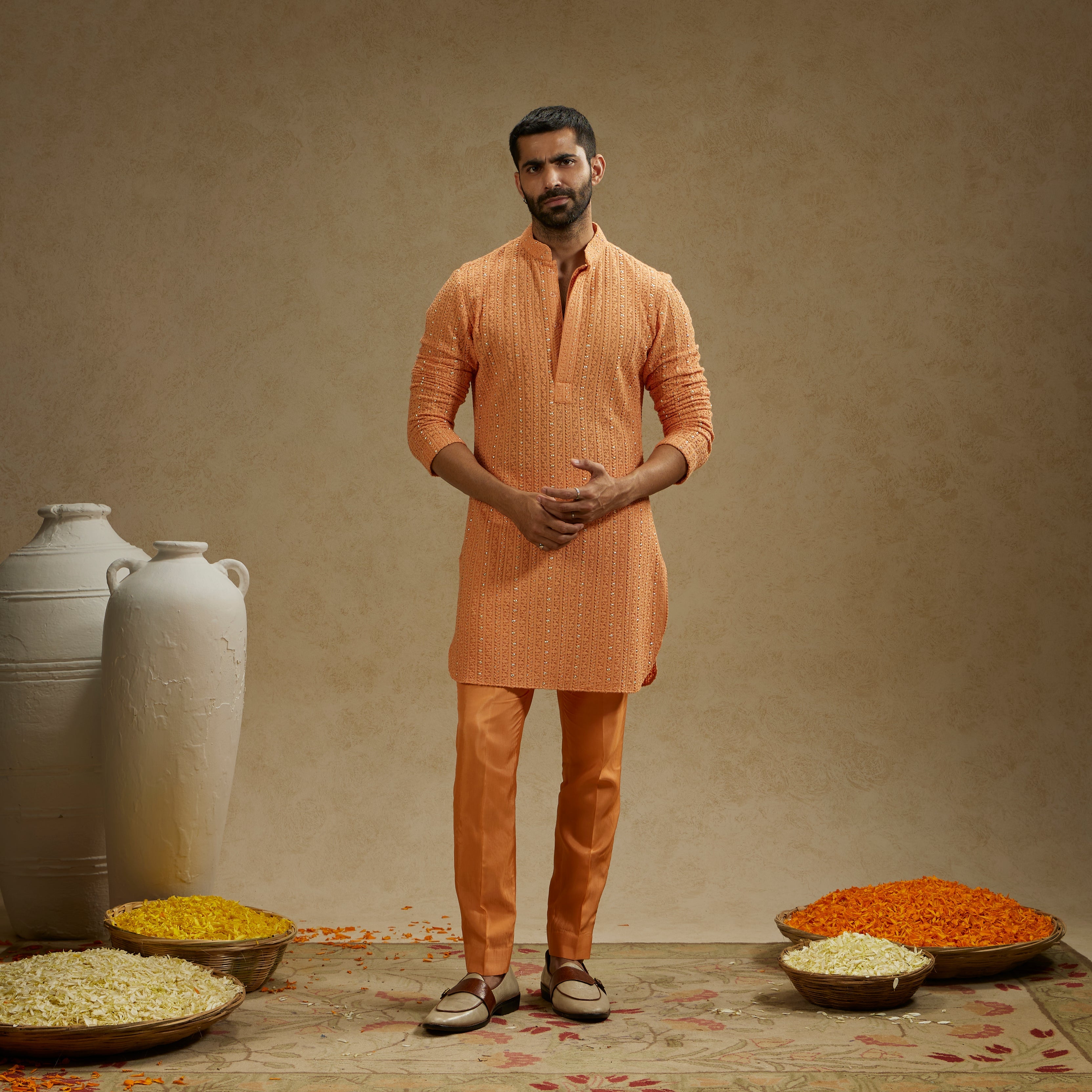 ORANGE METAL EMBELLISHED LUCKNOWI KURTA WITH PANTS