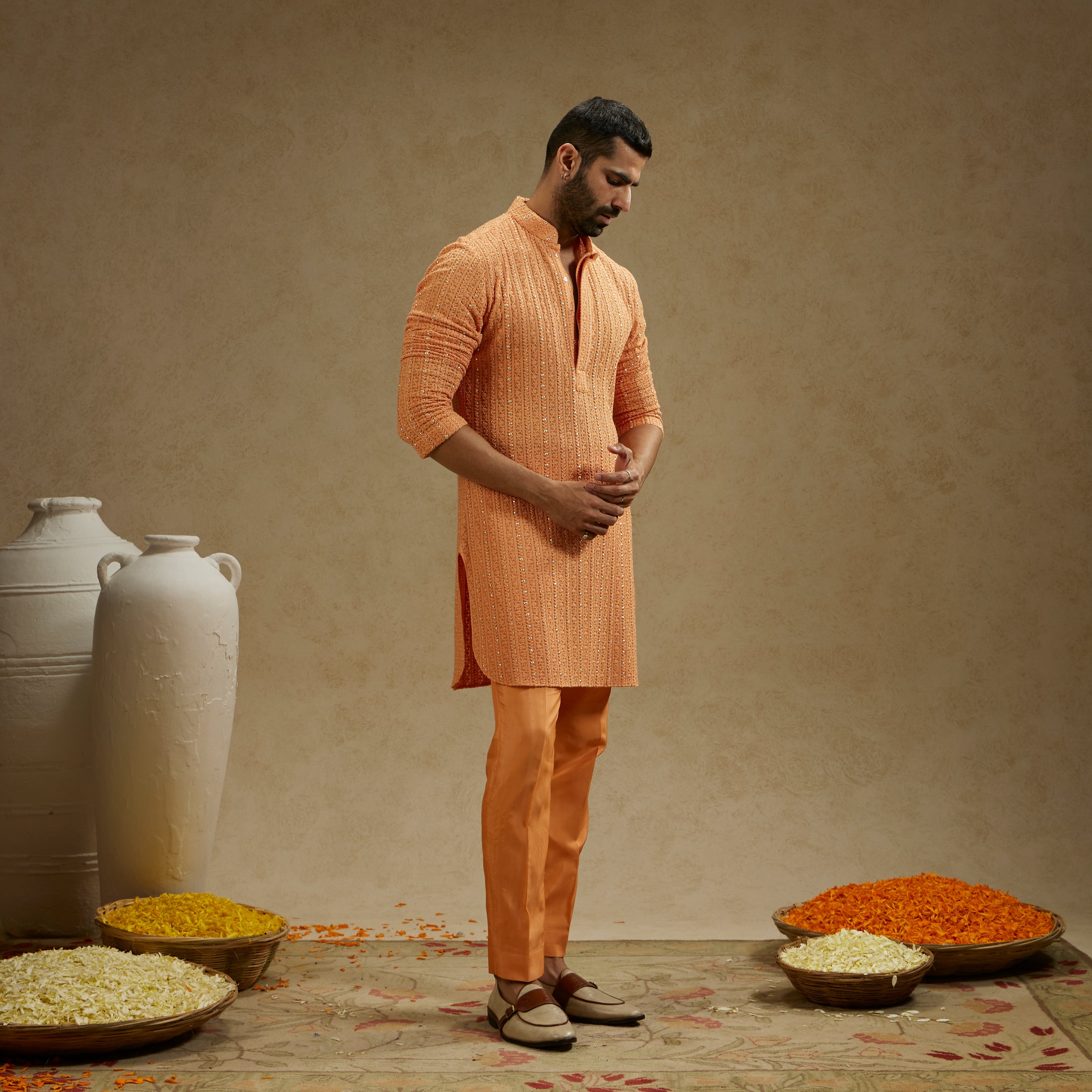 ORANGE METAL EMBELLISHED LUCKNOWI KURTA WITH PANTS