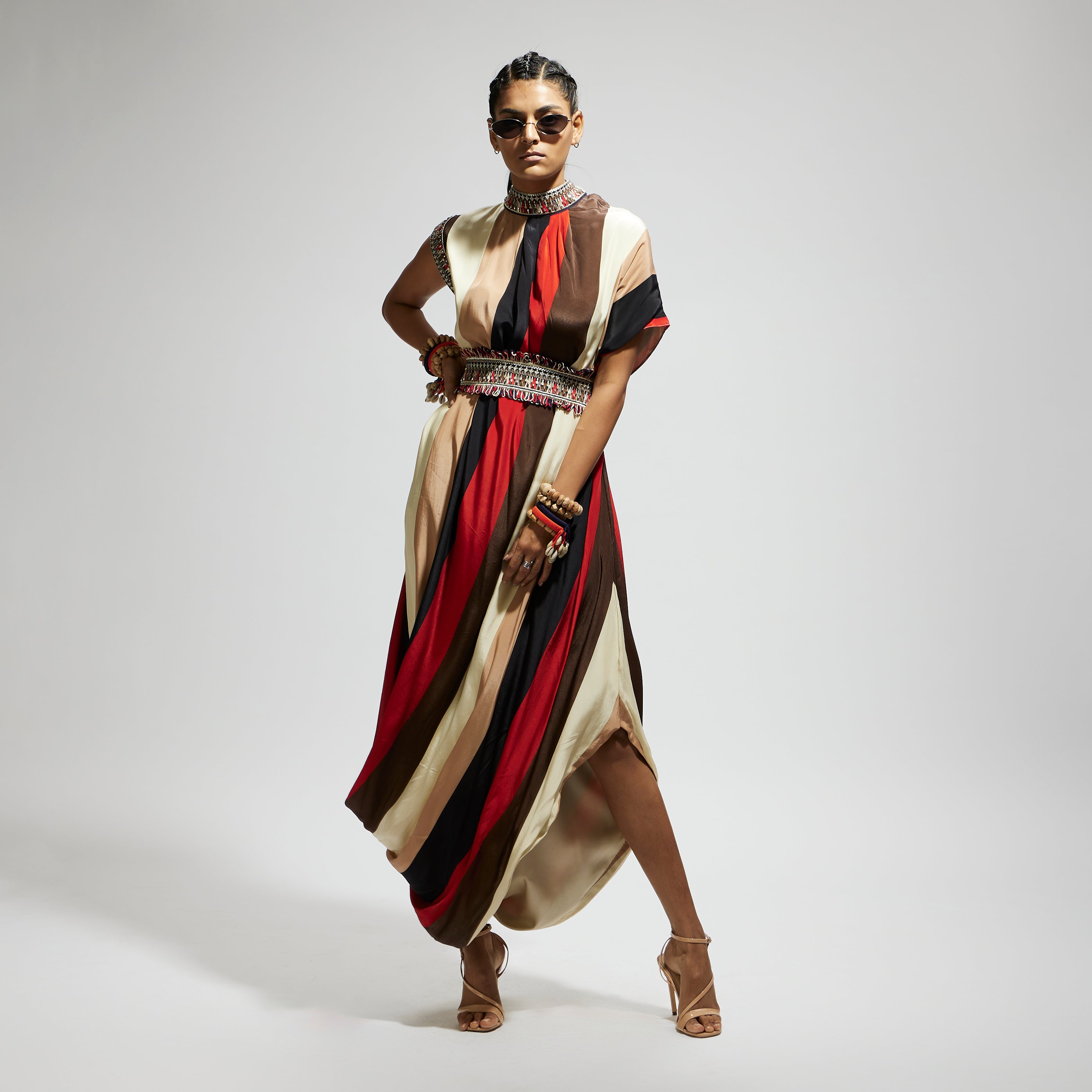 SAMSARA STRIPE PRINT COWL DRESS TEAMED WITH A BELT