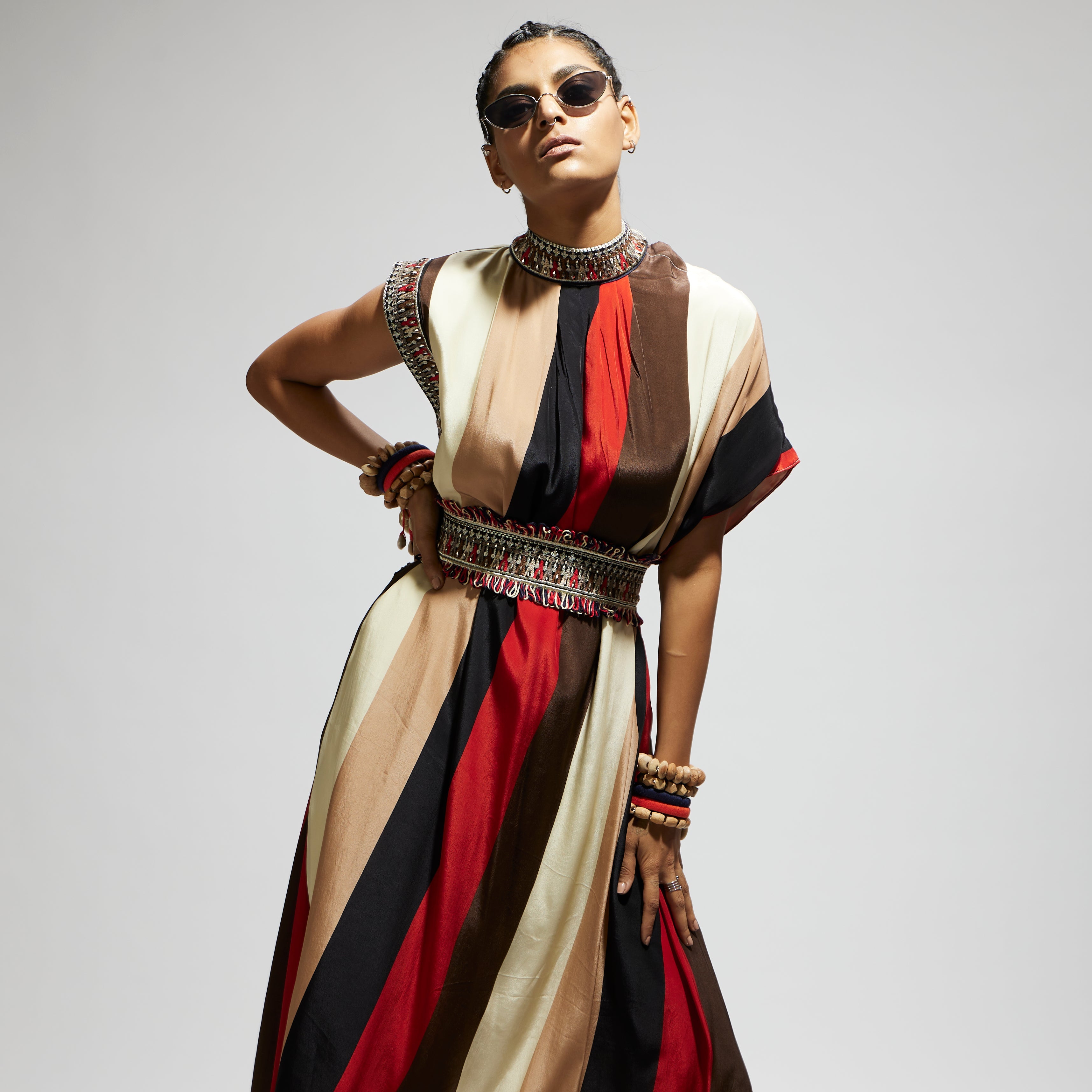 SAMSARA STRIPE PRINT COWL DRESS TEAMED WITH A BELT