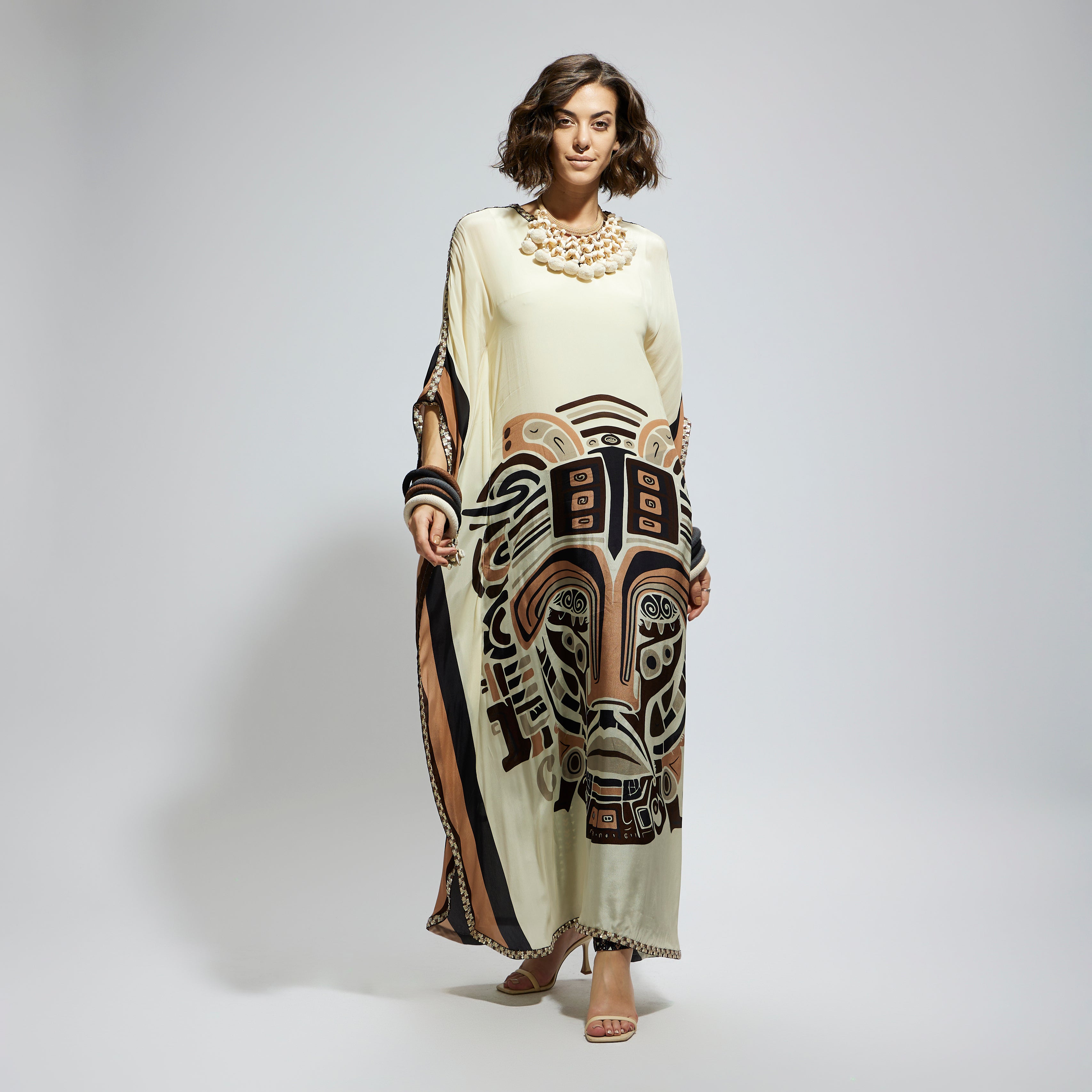 IVORY MASK KAFTAN WITH BROWN PRINTED PANTS