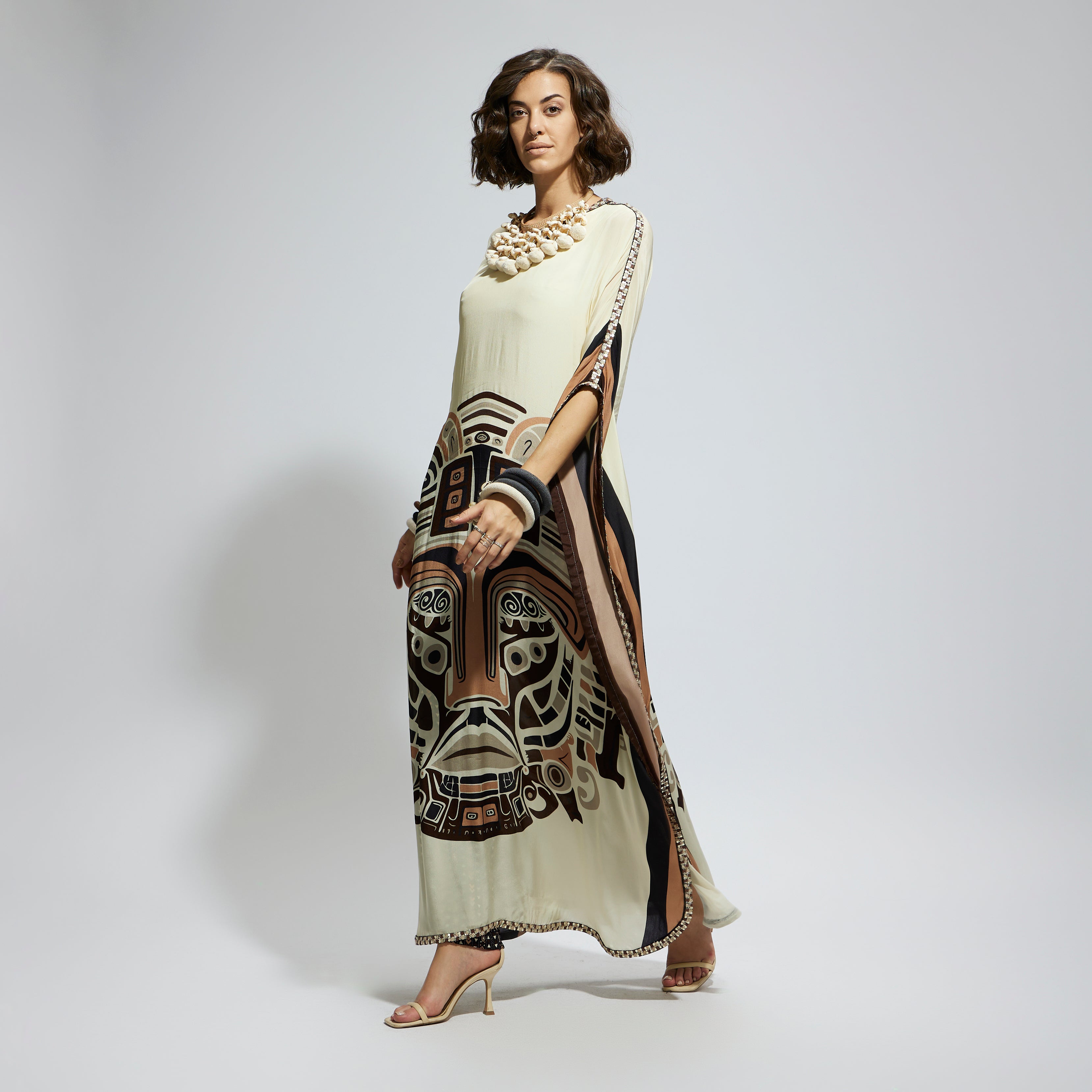 IVORY MASK KAFTAN WITH BROWN PRINTED PANTS