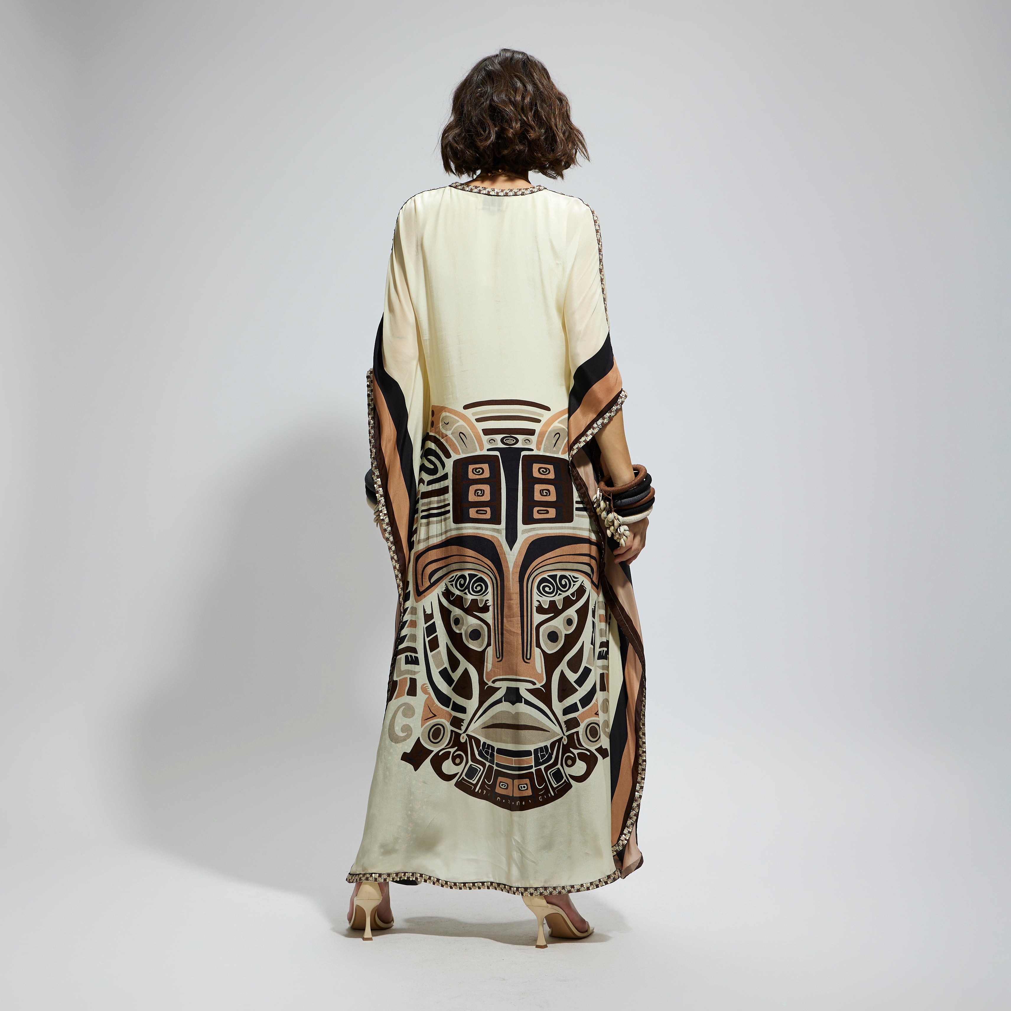 IVORY MASK KAFTAN WITH BROWN PRINTED PANTS