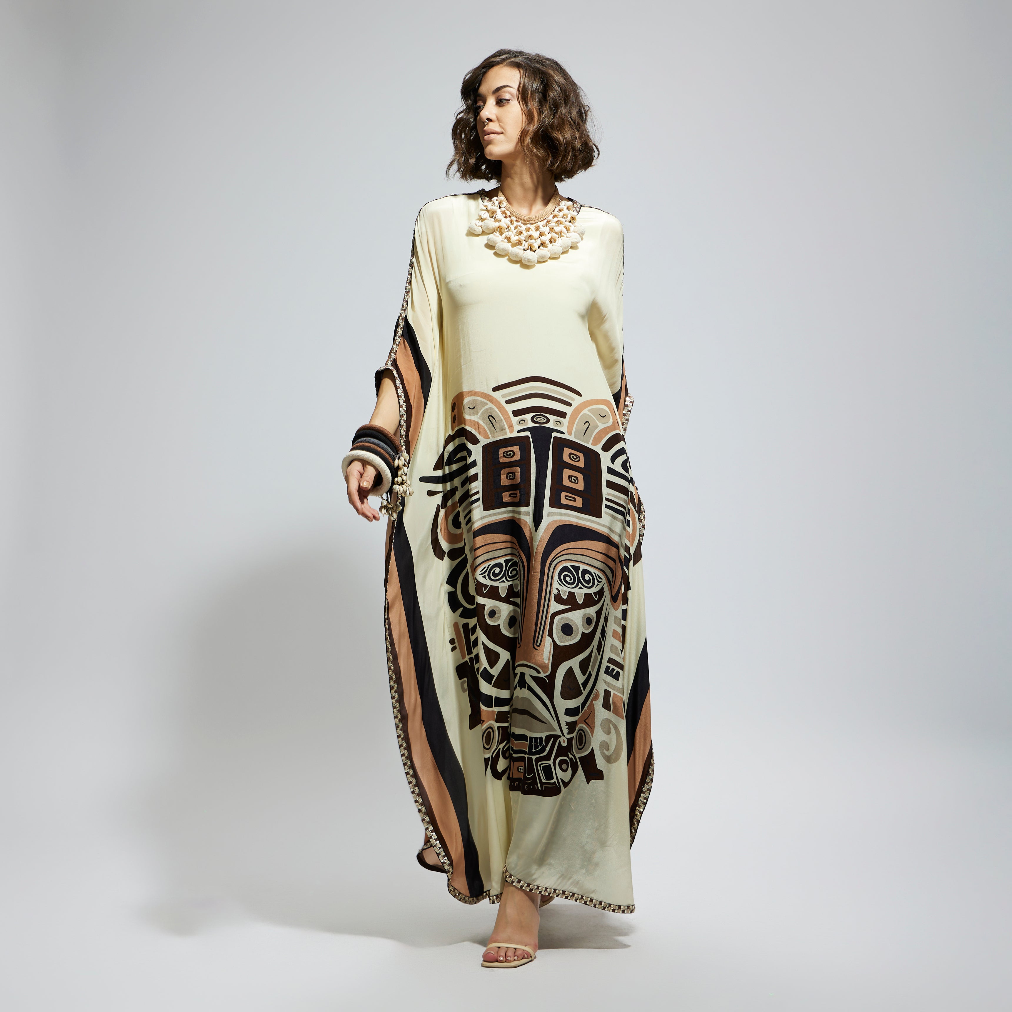 IVORY MASK KAFTAN WITH BROWN PRINTED PANTS