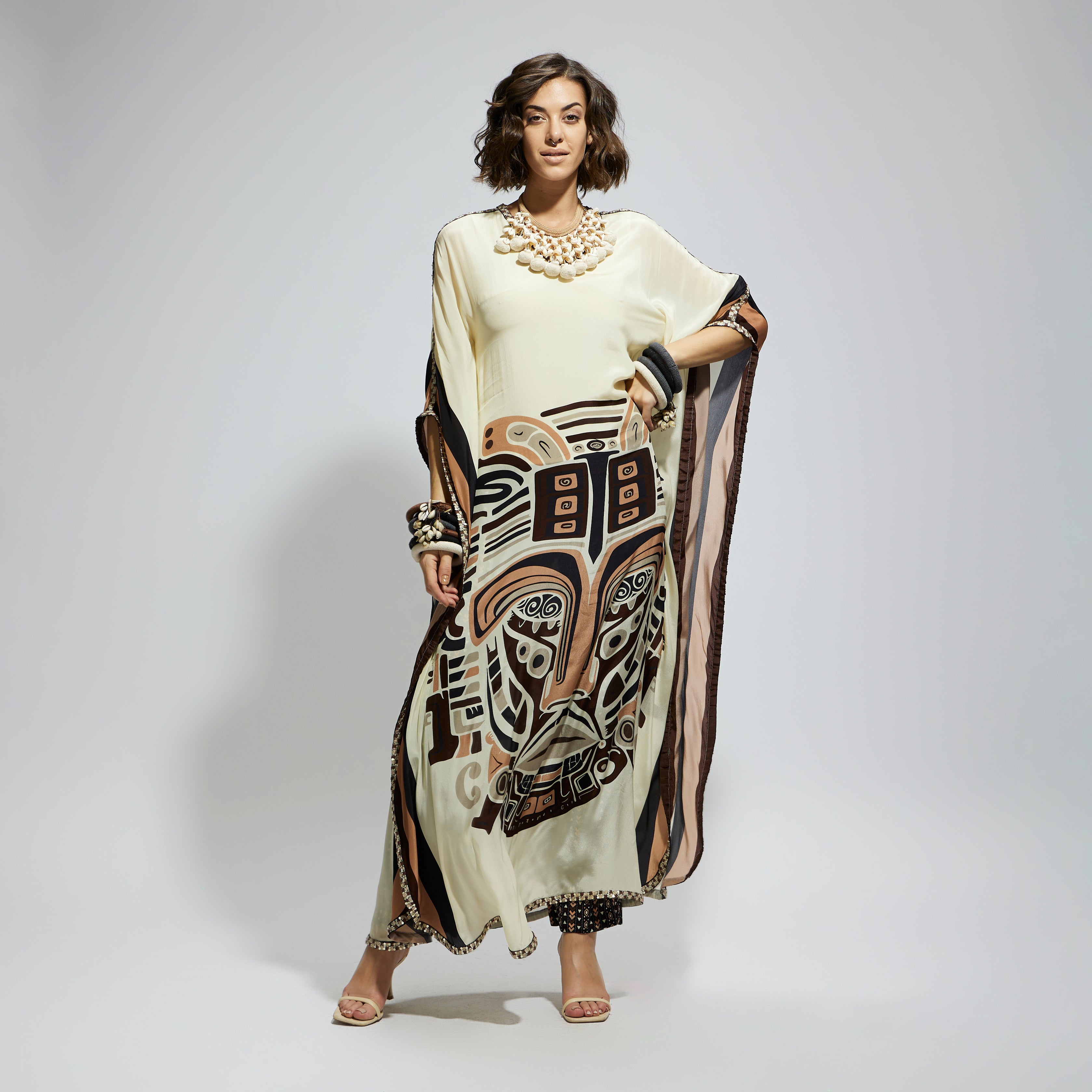 IVORY MASK KAFTAN WITH BROWN PRINTED PANTS