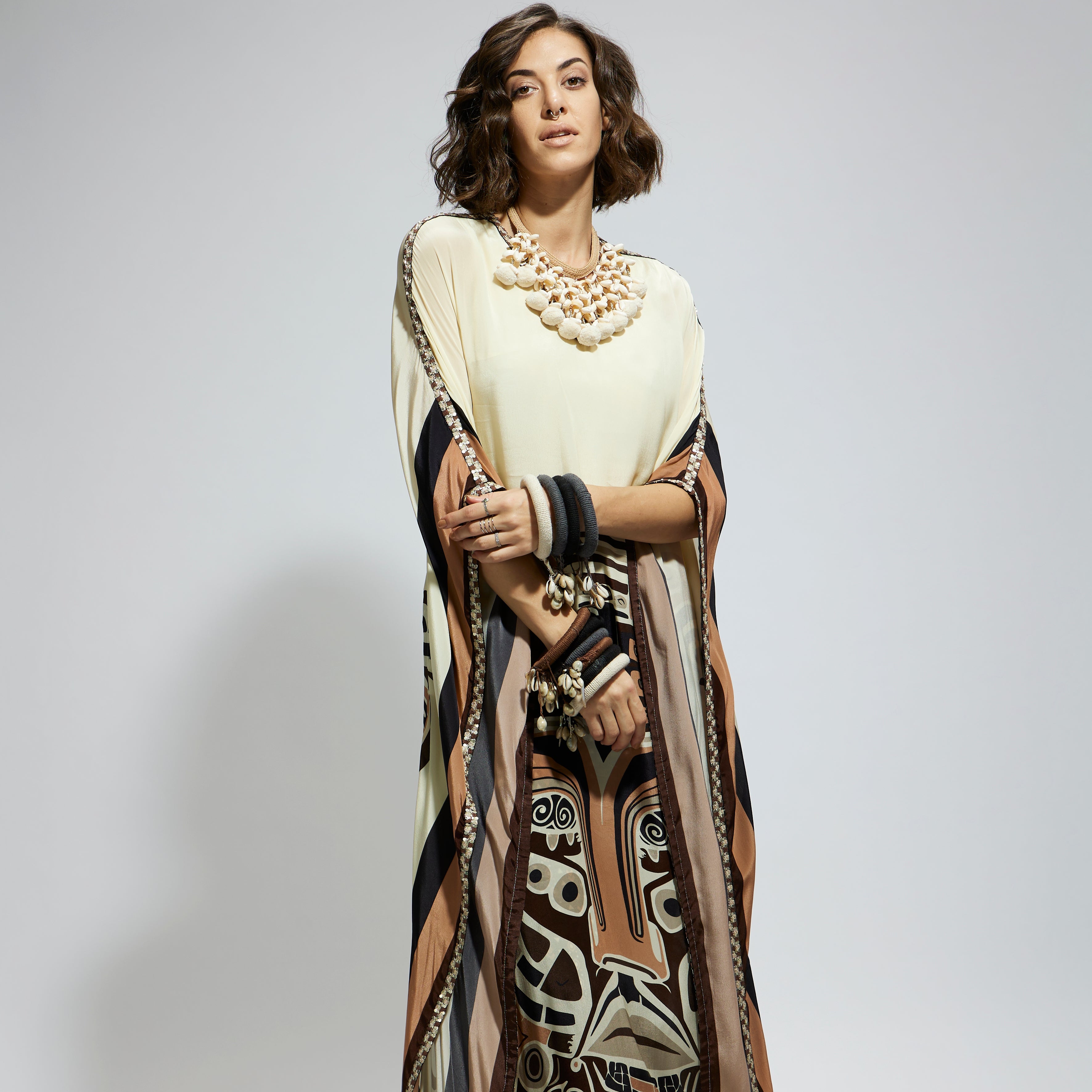 IVORY MASK KAFTAN WITH BROWN PRINTED PANTS