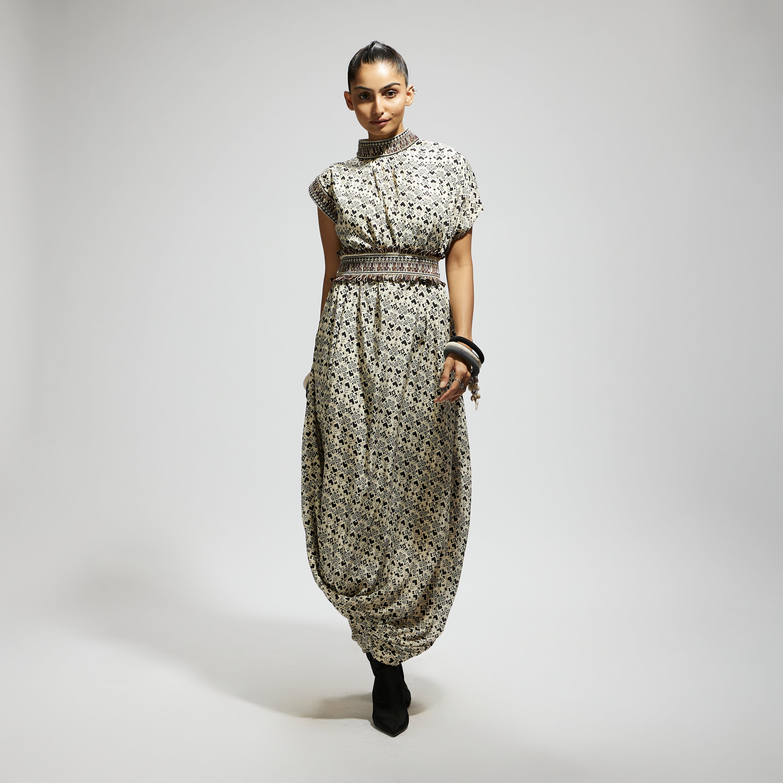 WHITE PRINT COWL DRESS TEAMED WITH A BELT