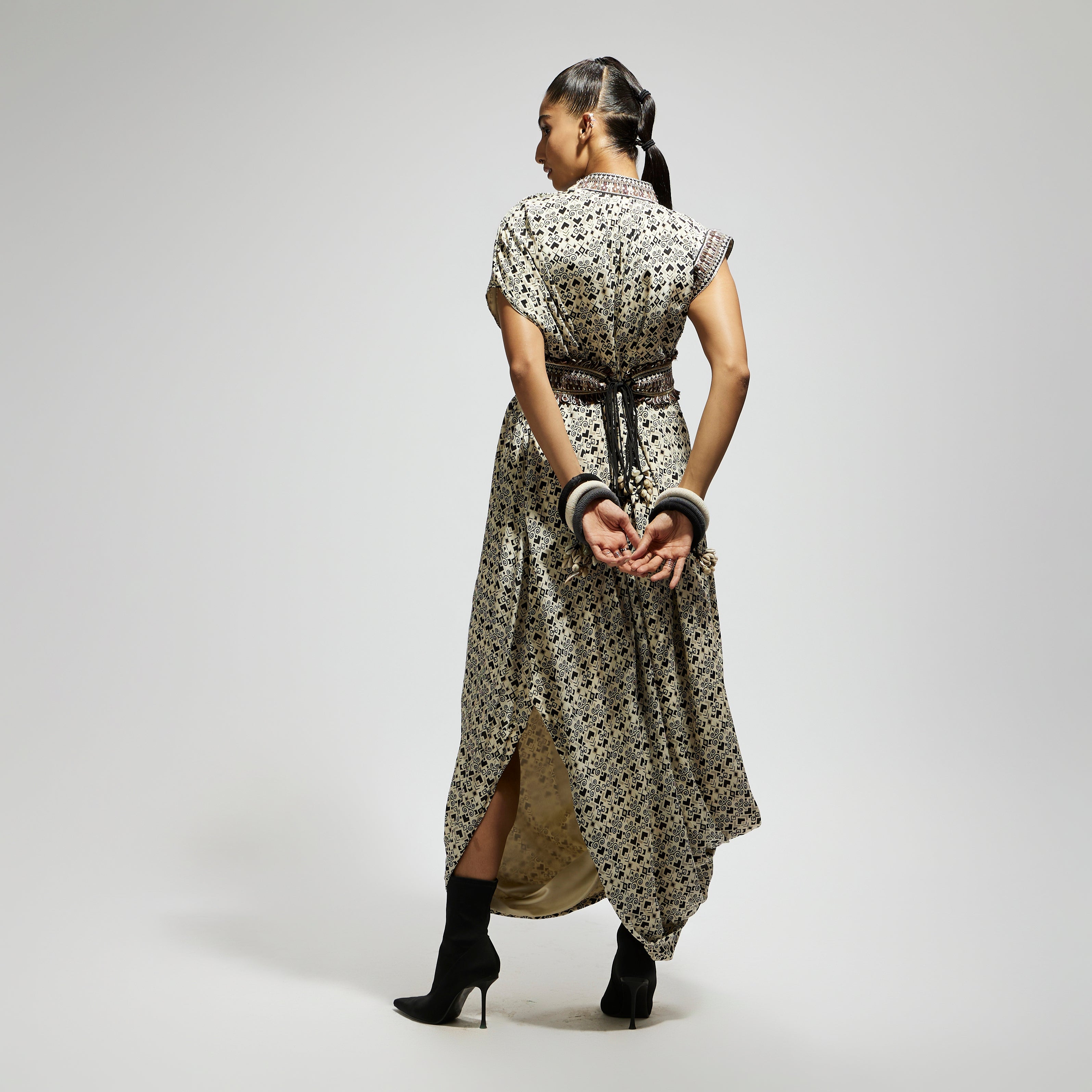 WHITE PRINT COWL DRESS TEAMED WITH A BELT