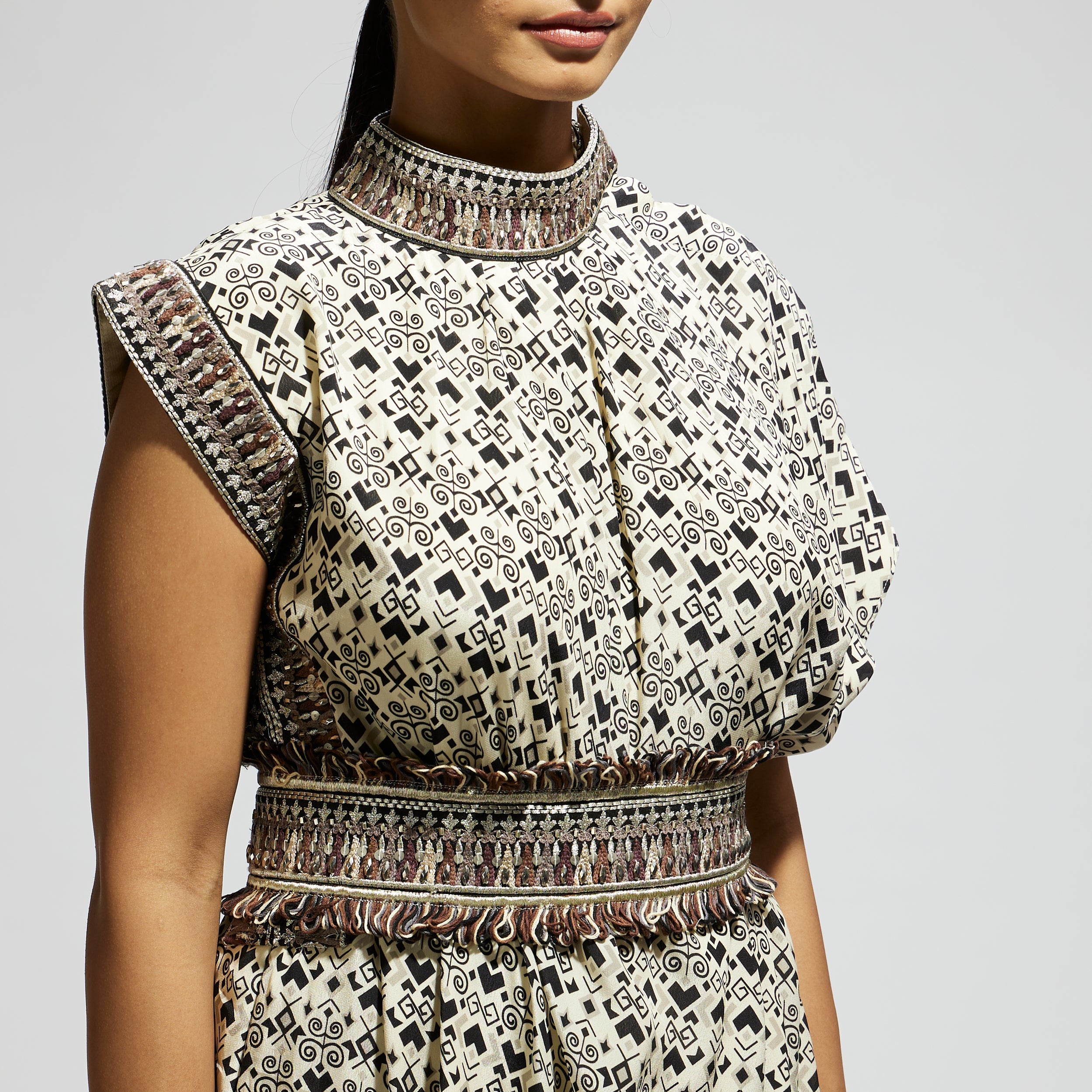 WHITE PRINT COWL DRESS TEAMED WITH A BELT