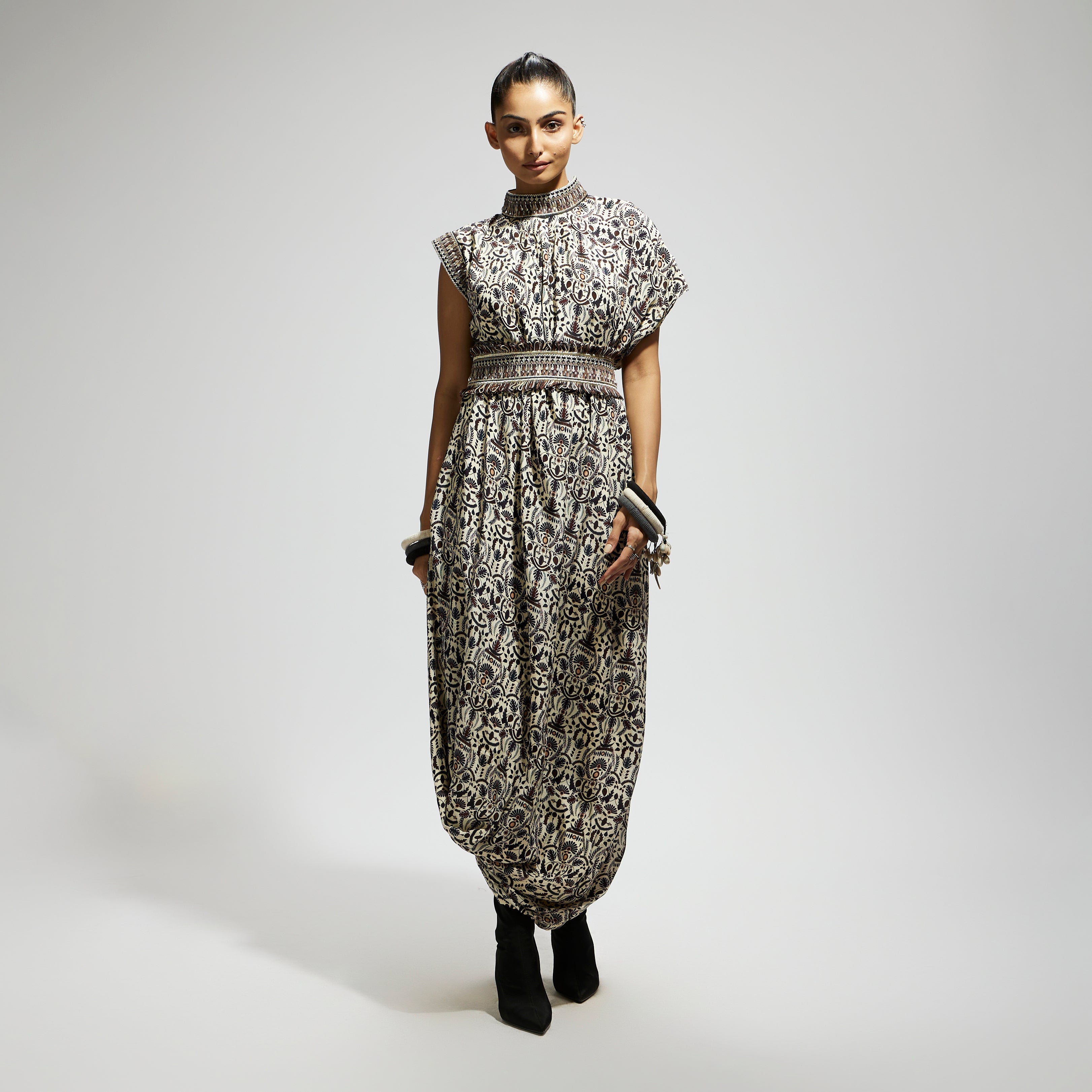 WHITE PRINTED COWL DRESS TEAMED WITH A BELT